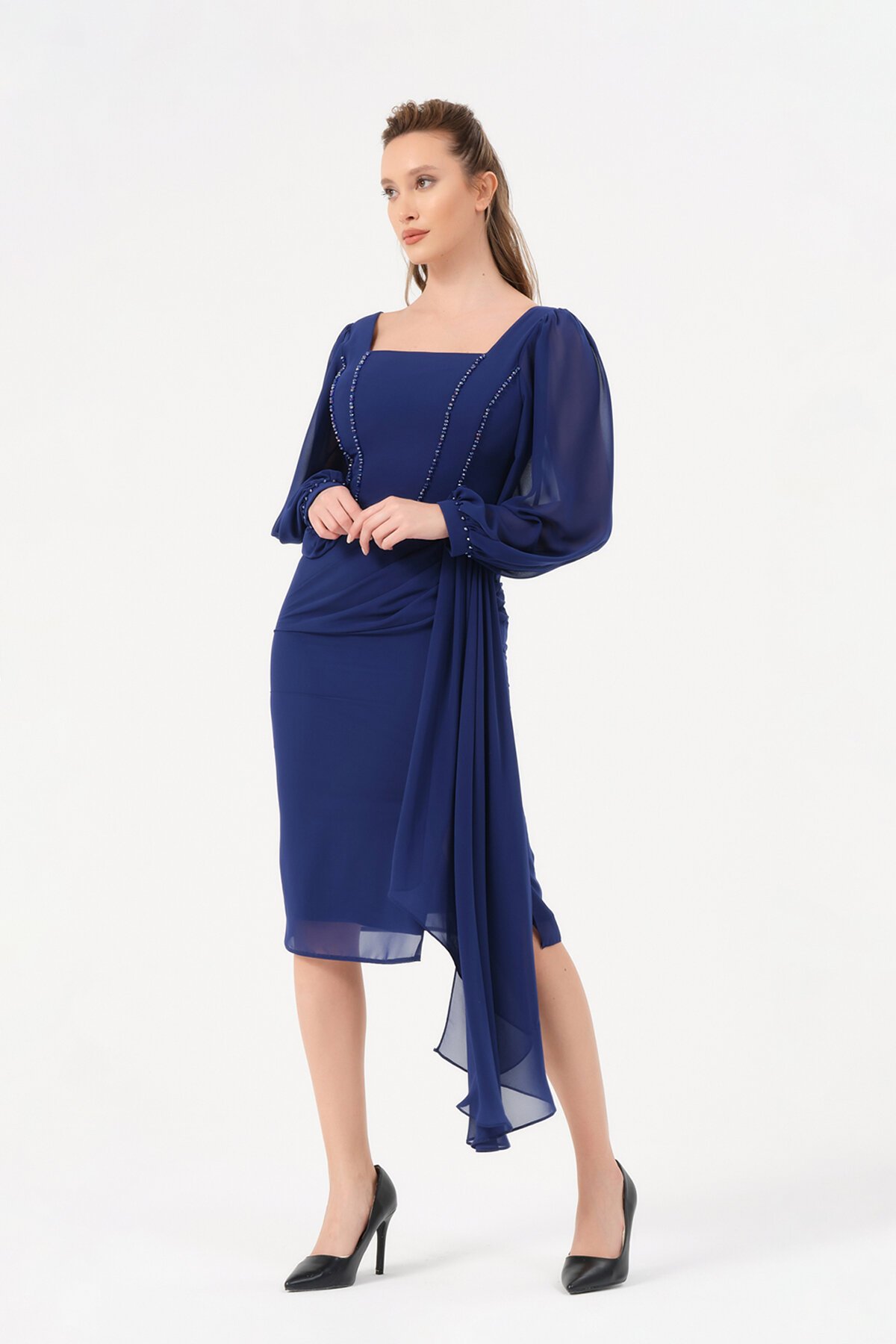 Taş İşlemeli Şifon Detaylı Midi Elbise - 1567