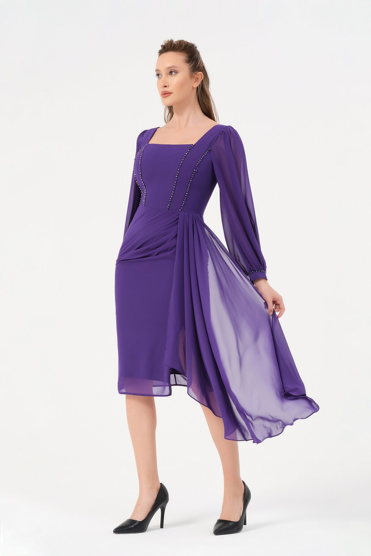 Taş İşlemeli Şifon Detaylı Midi Elbise - 1567