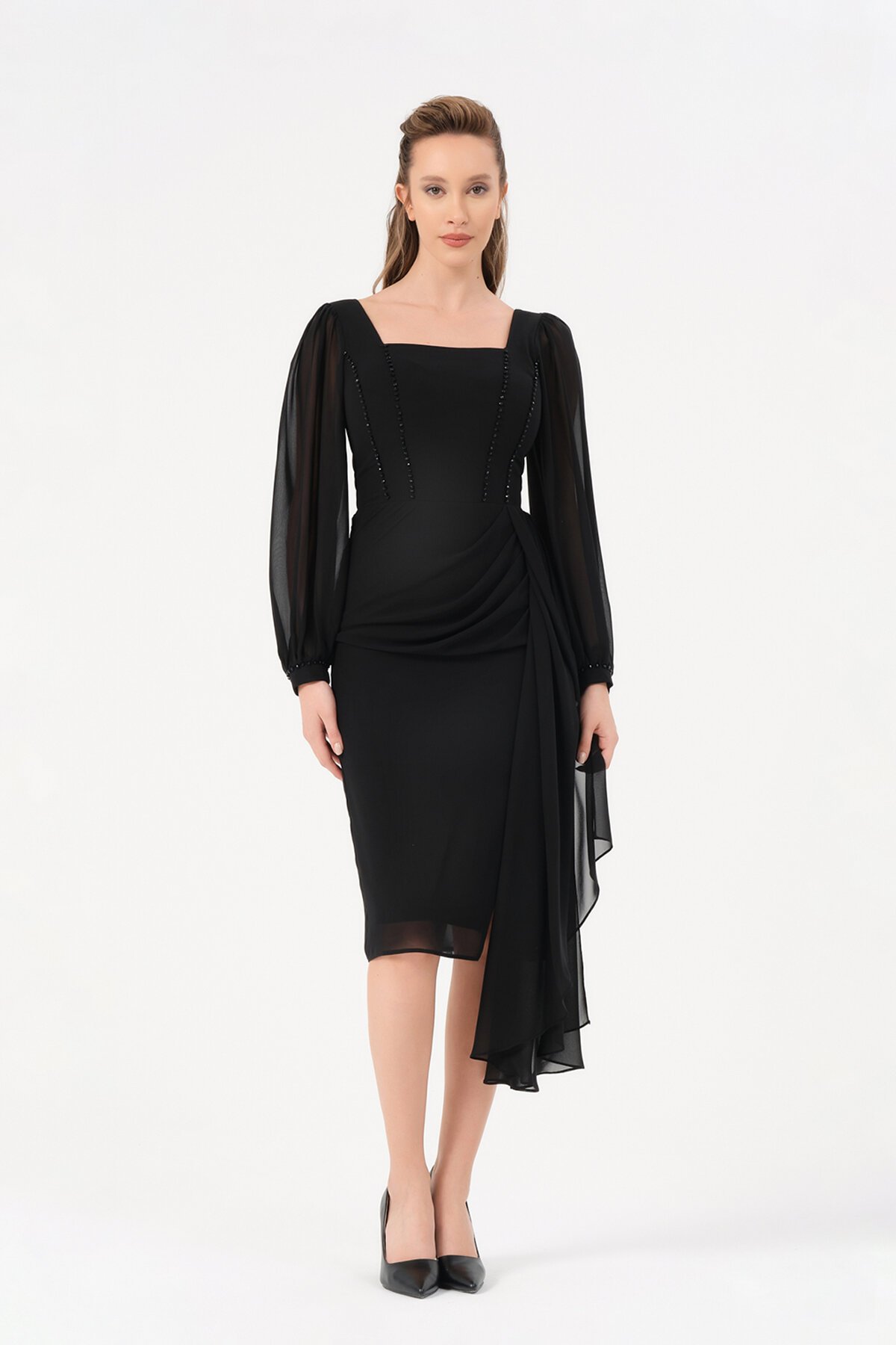 Taş İşlemeli Şifon Detaylı Midi Elbise - 1567