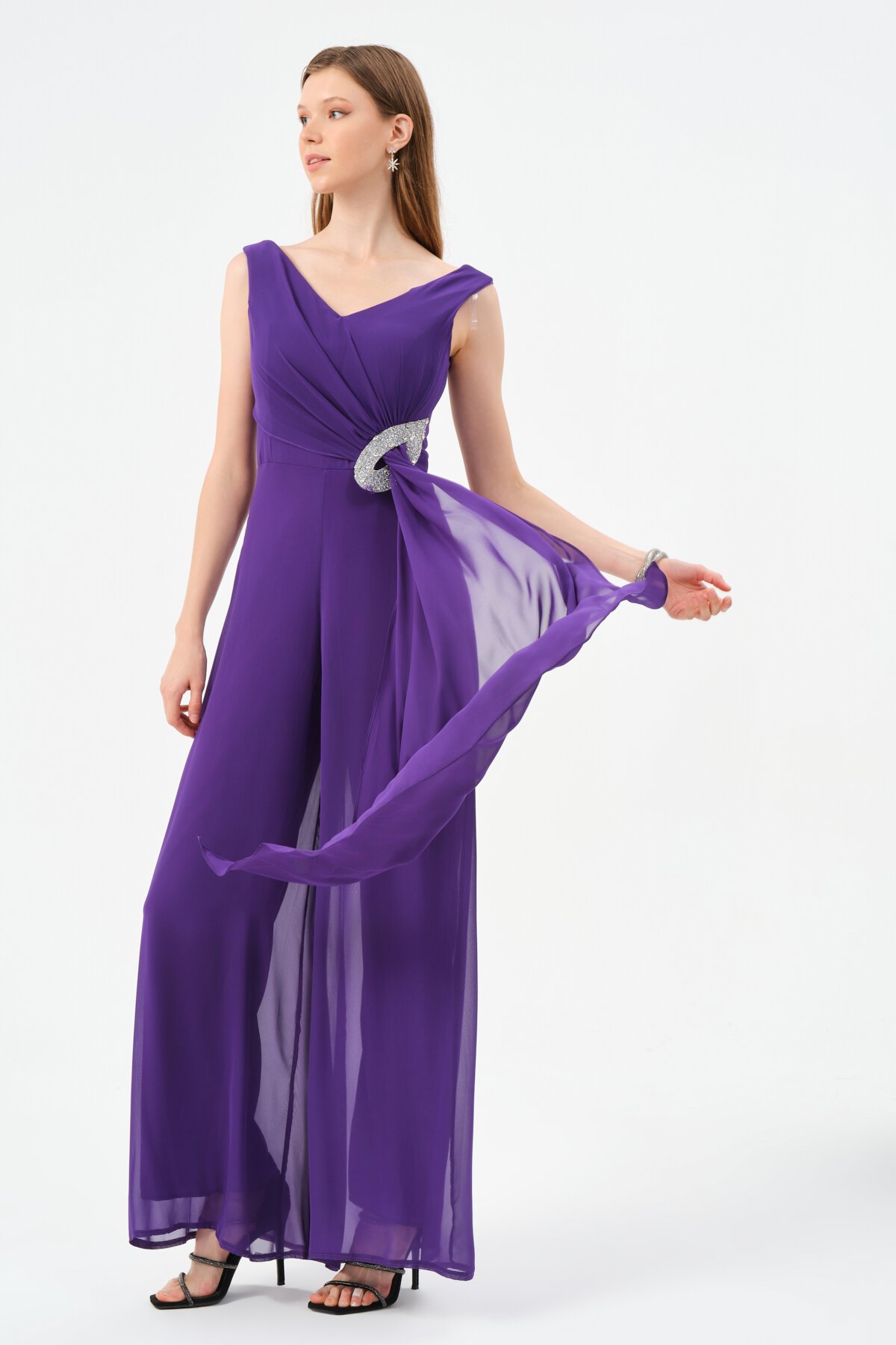 Taş İşlemeli Şifon Detaylı Tulum - 1457