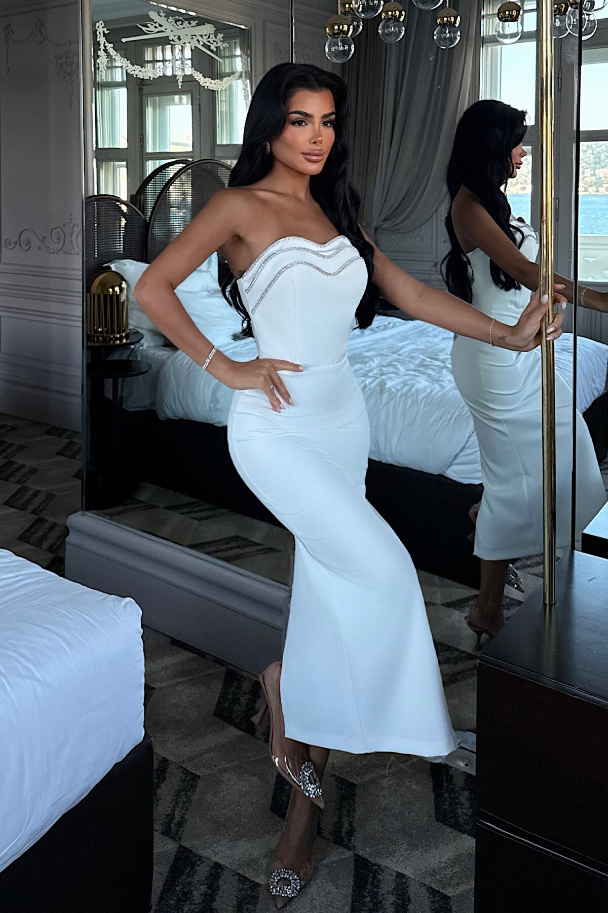 Taş İşlemeli Straplez Midi Elbise - 1871