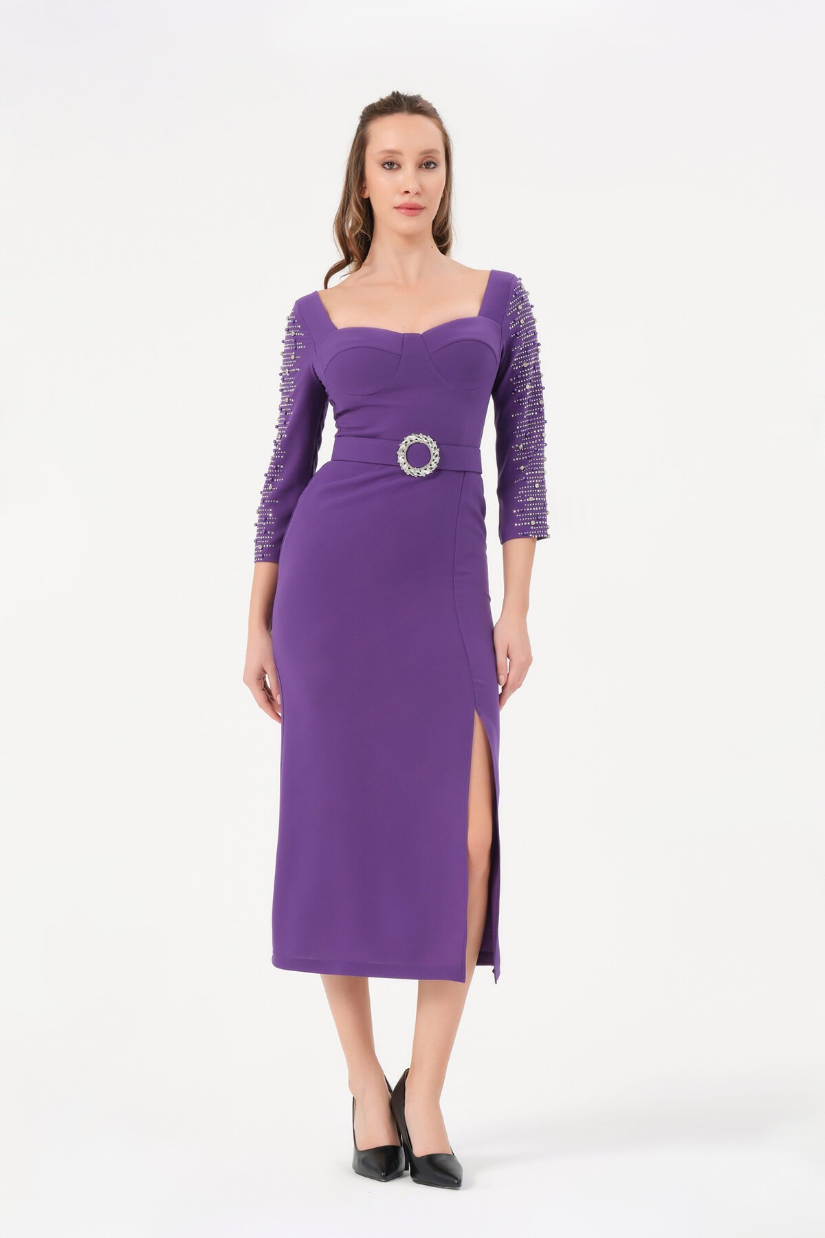 Taş İşlemeli Yırtmaçlı Midi Elbise - 1597