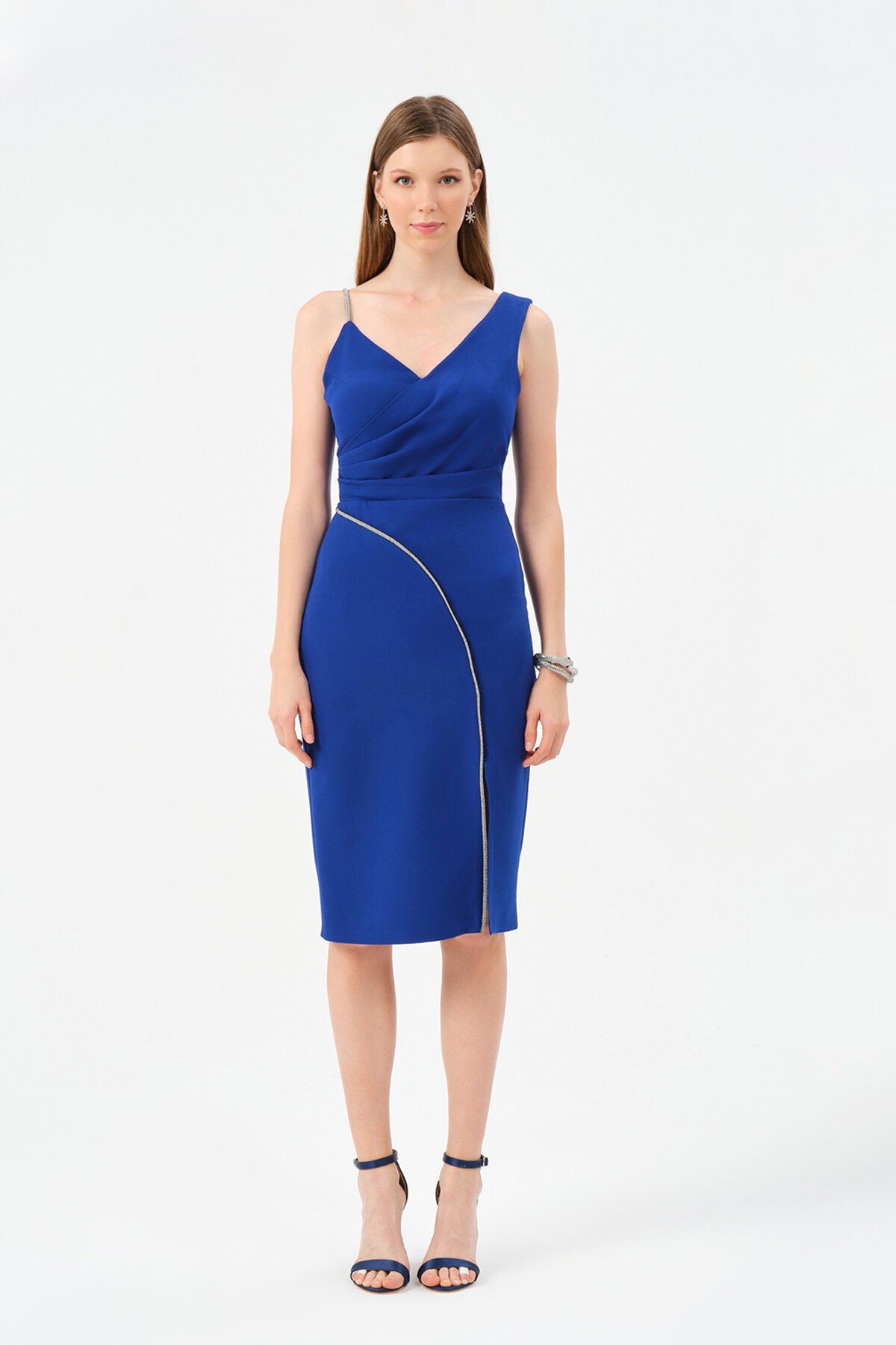 Taş Şerit Detaylı Drapeli Midi Elbise - 1221