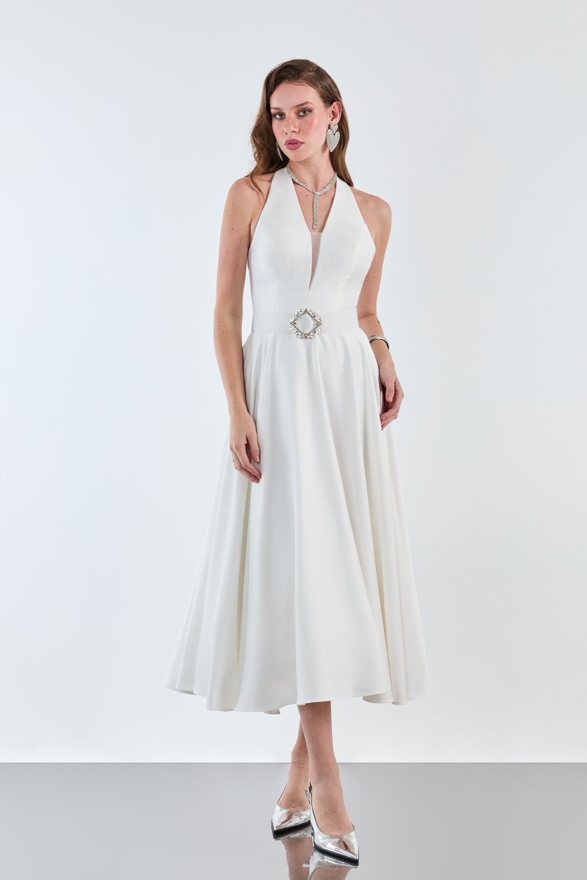 Taşlı Kemer Detaylı Halter Yaka Midi Elbise - 1970