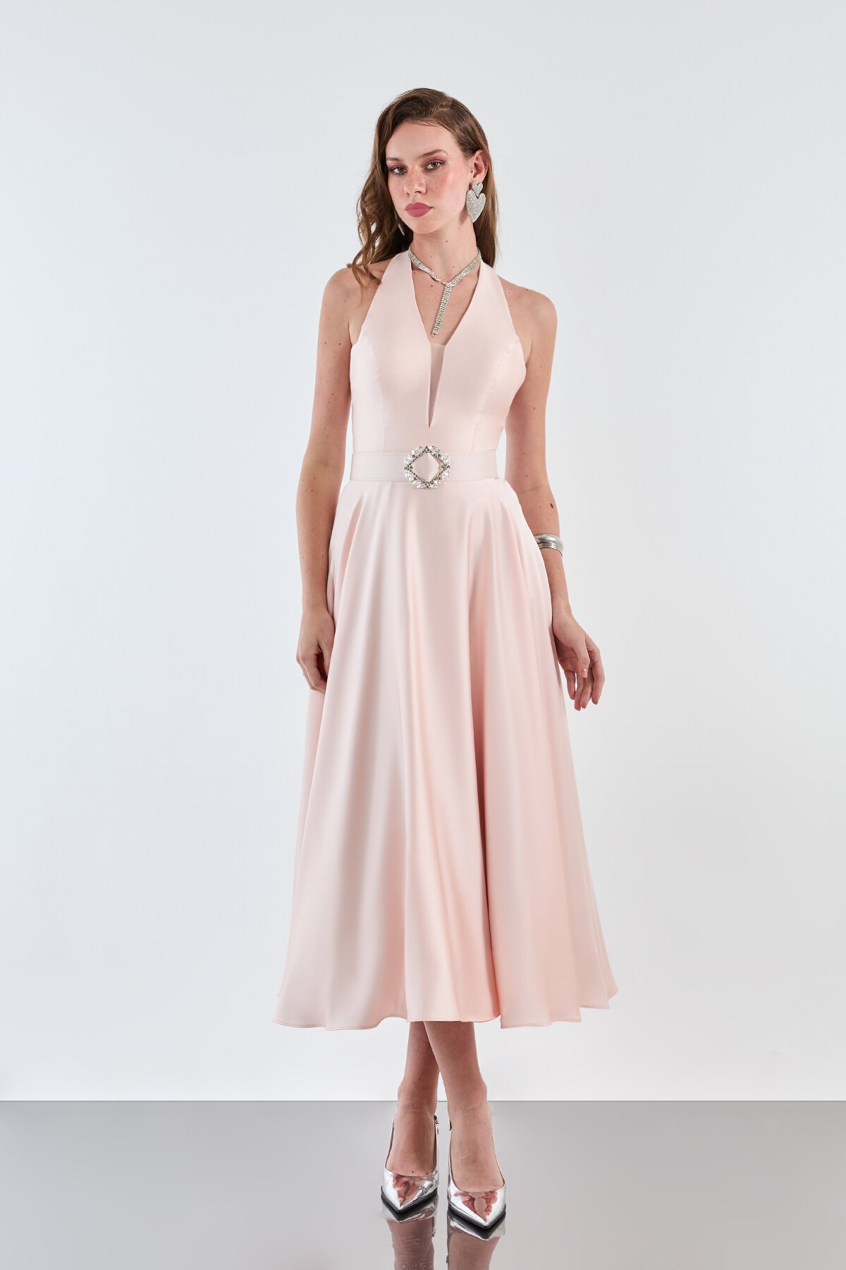 Taşlı Kemer Detaylı Halter Yaka Midi Elbise - 1970