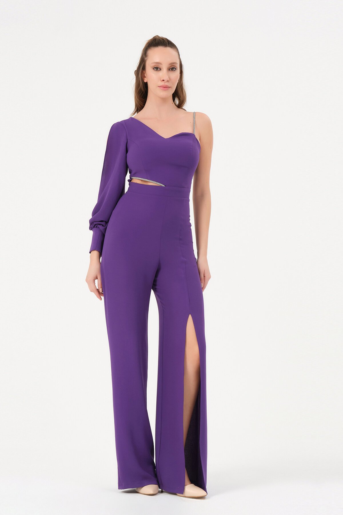 Tek Kollu Taş Detaylı Yırtmaçlı Tulum - 1453