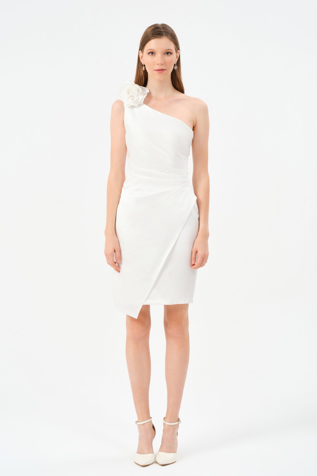 Tek Omuzlu Çiçek Detaylı Mini Elbise - 1492