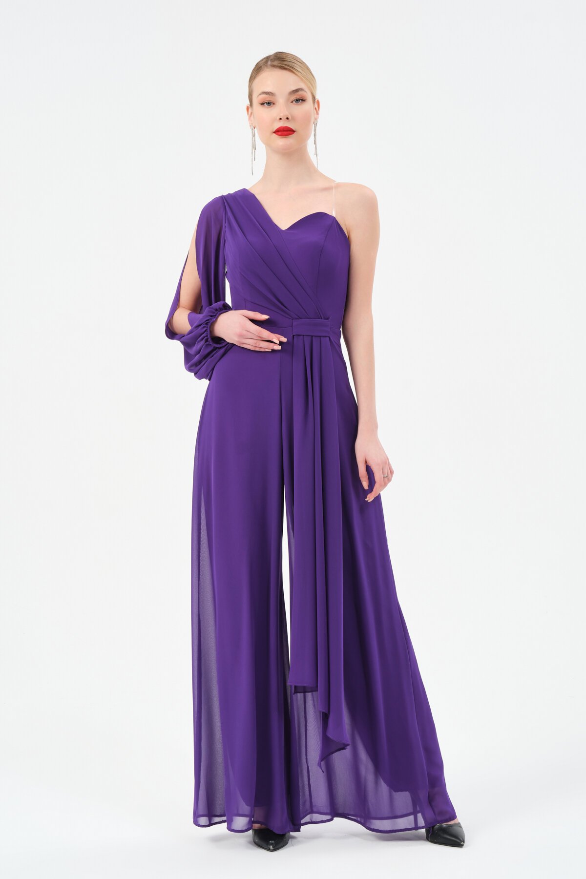 Tek Omuzlu Şifon Detaylı Tulum - 1336