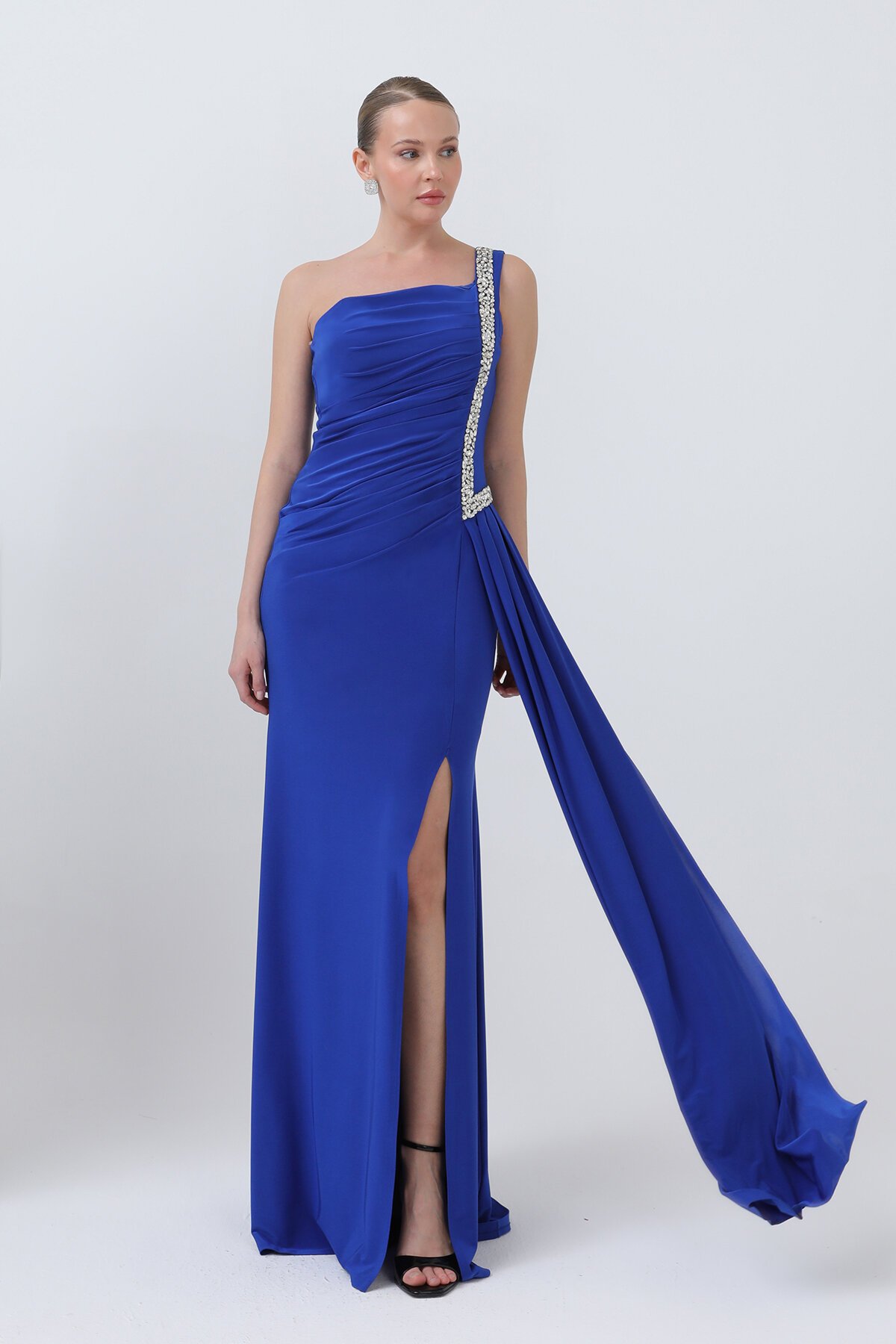 Tek Omuzlu Taş Detaylı Elbise - 1615