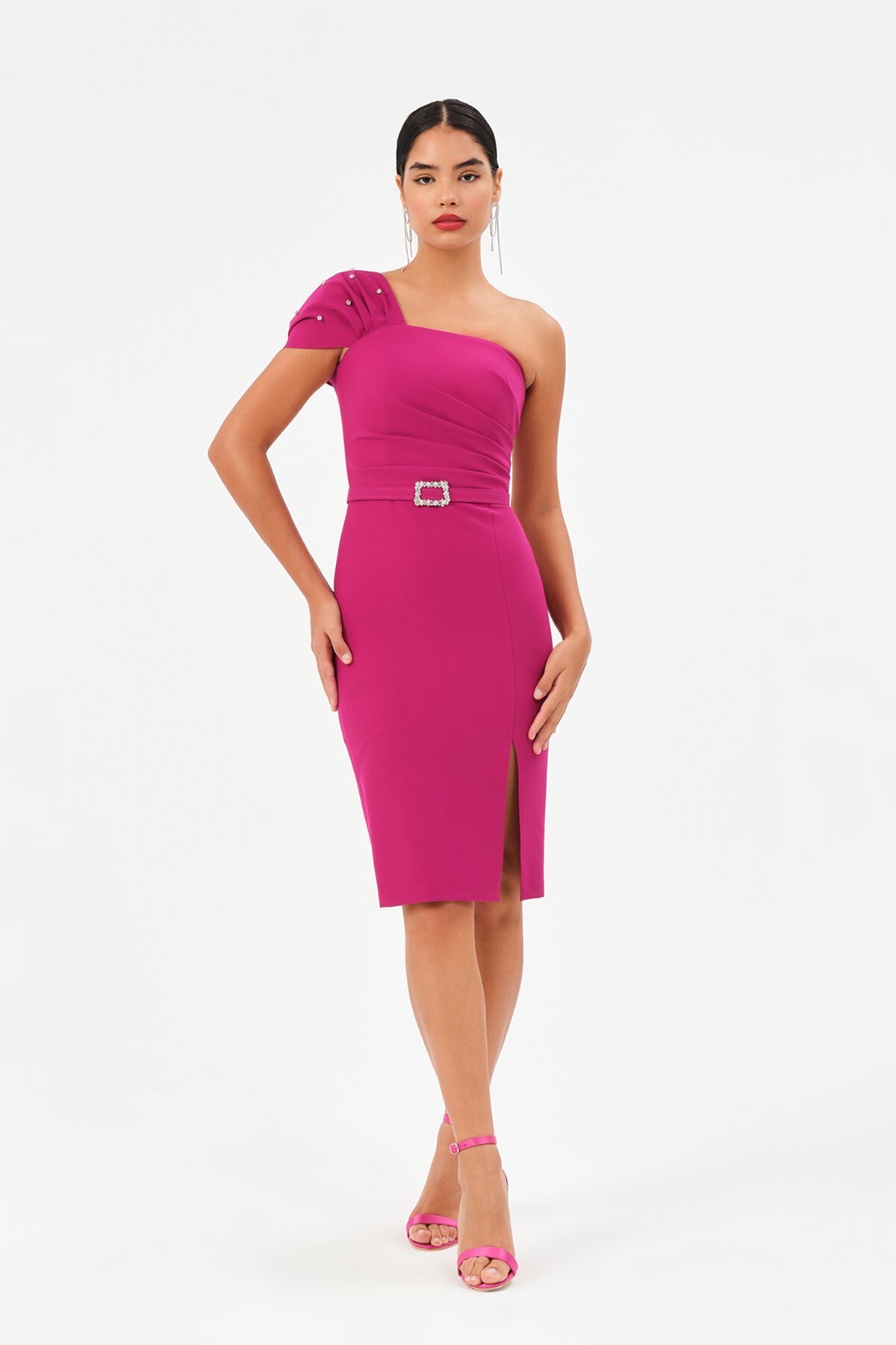 Tek Omuzlu Taşlı Midi Elbise - 1533