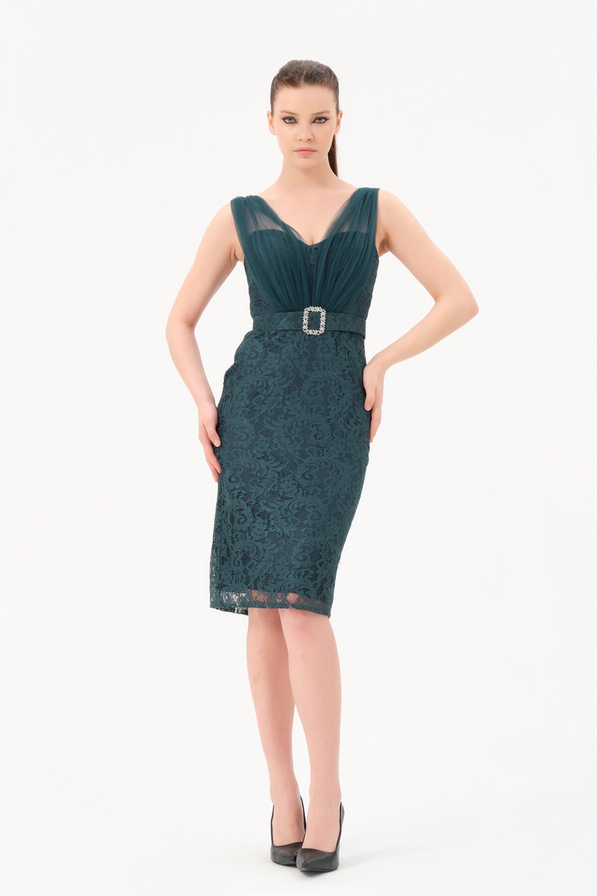 Tül Askılı Kemerli Midi Elbise - 1589