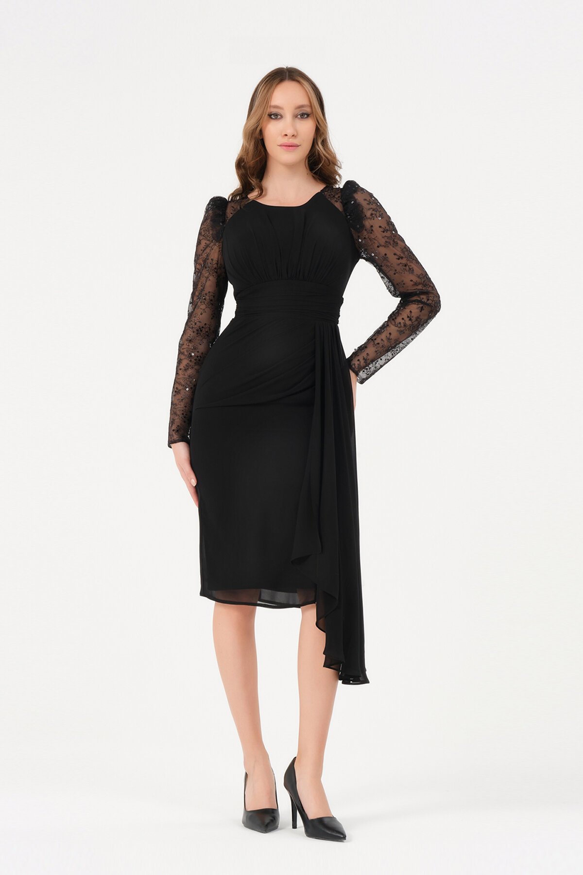 Tül Detaylı Drapeli Midi Elbise - 1501