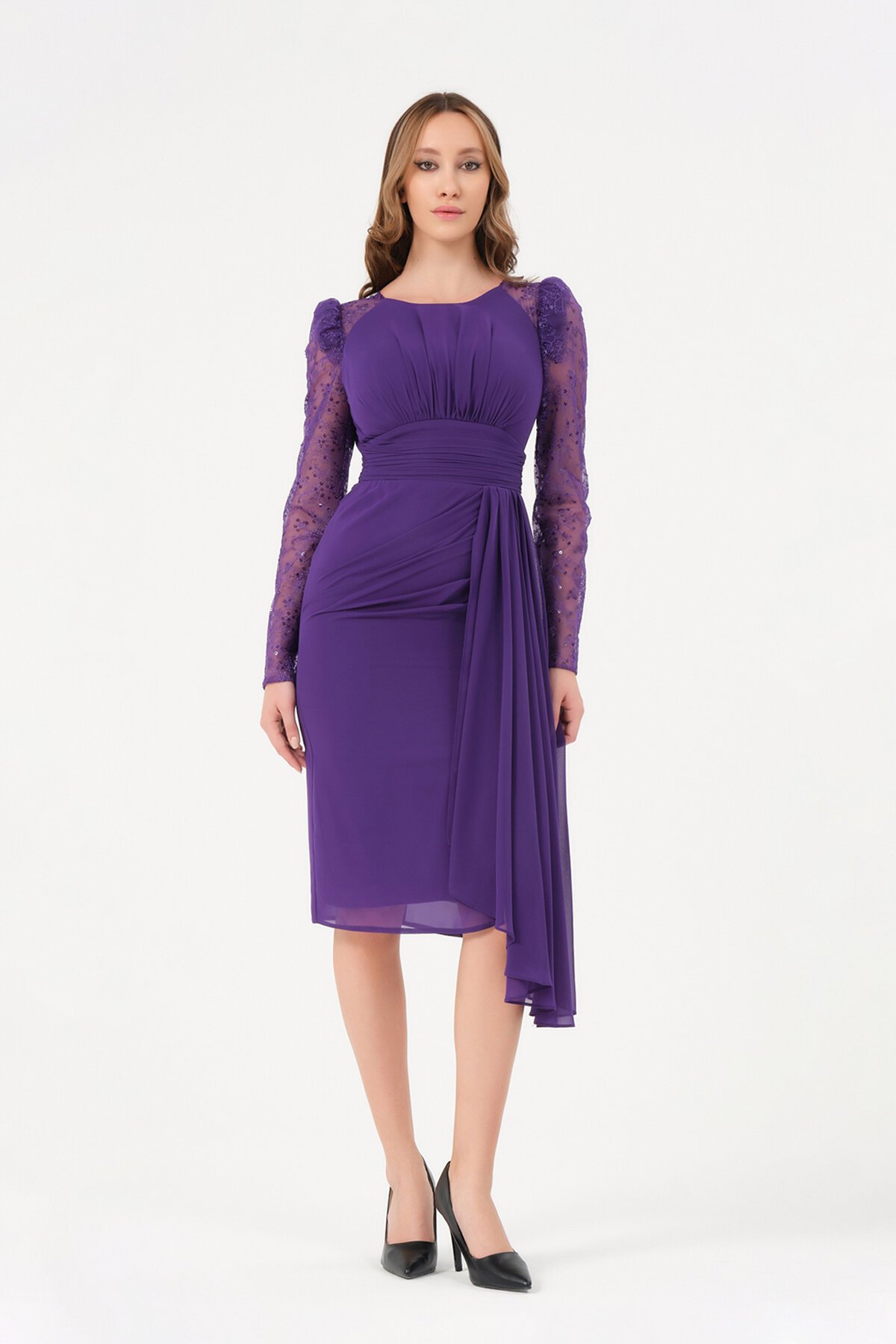 Tül Detaylı Drapeli Midi Elbise - 1501