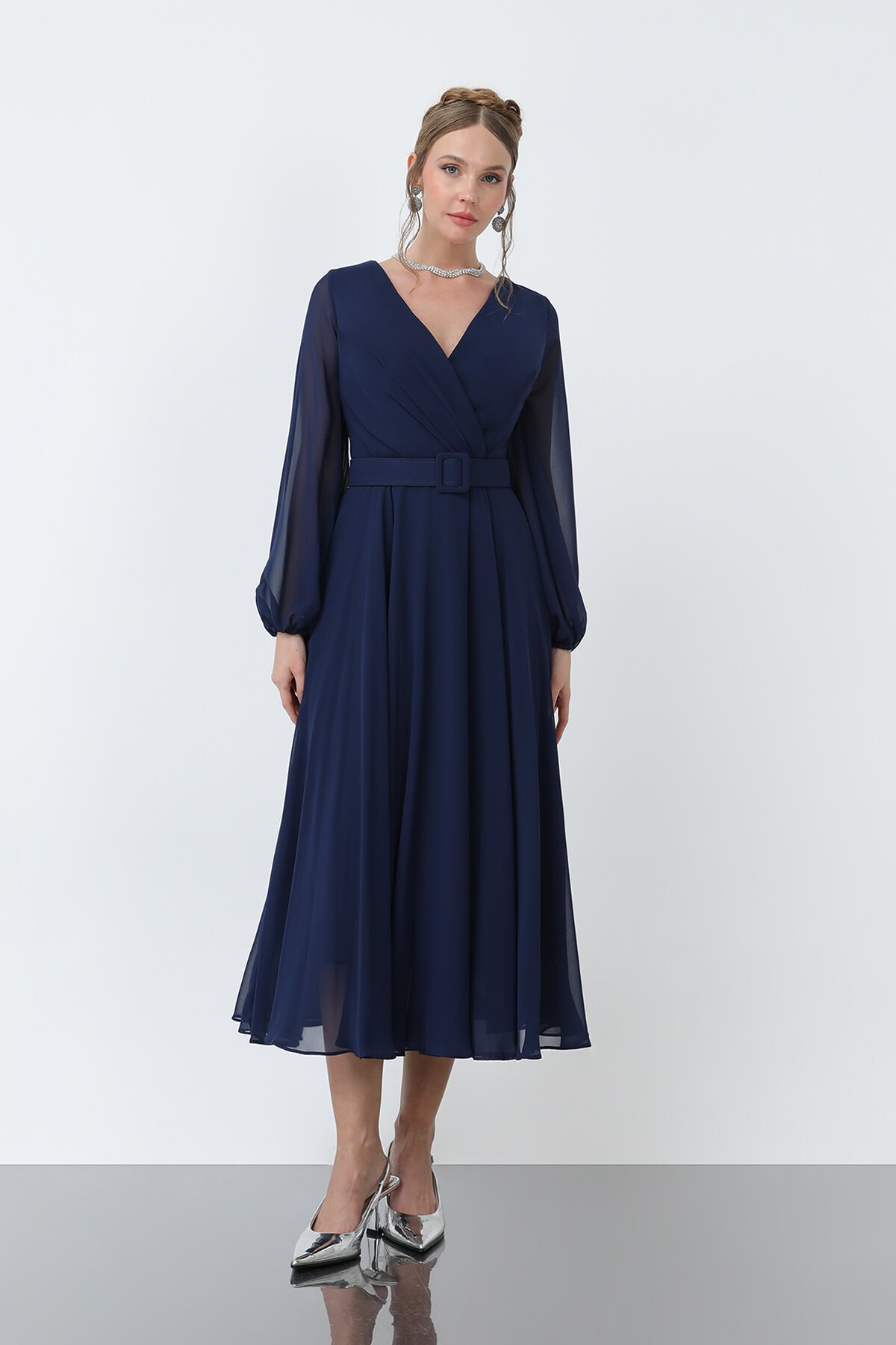 Uzun Kollu Kruvaze Yaka Şifon Elbise - 1641