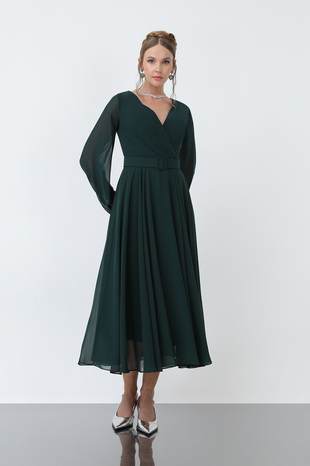 Uzun Kollu Kruvaze Yaka Şifon Elbise - 1641