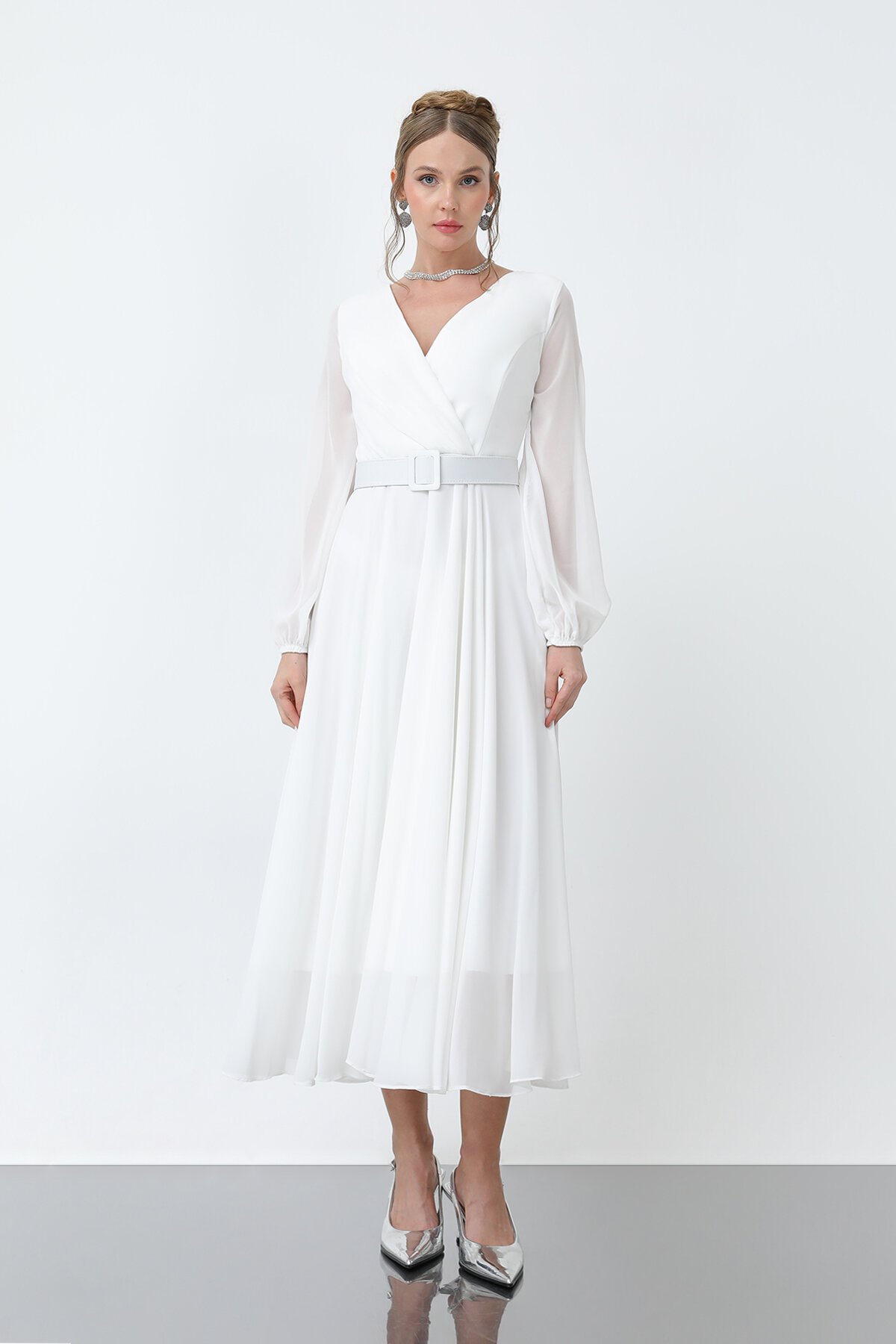 Uzun Kollu Kruvaze Yaka Şifon Elbise - 1641