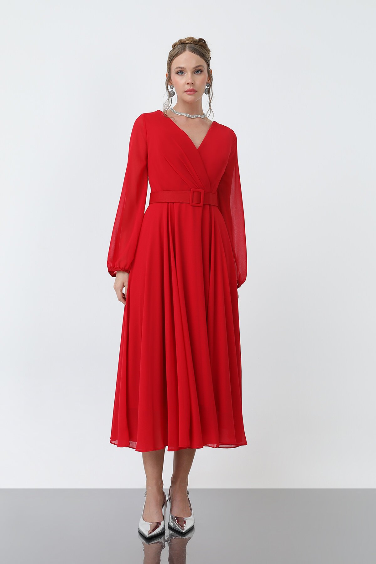 Uzun Kollu Kruvaze Yaka Şifon Elbise - 1641