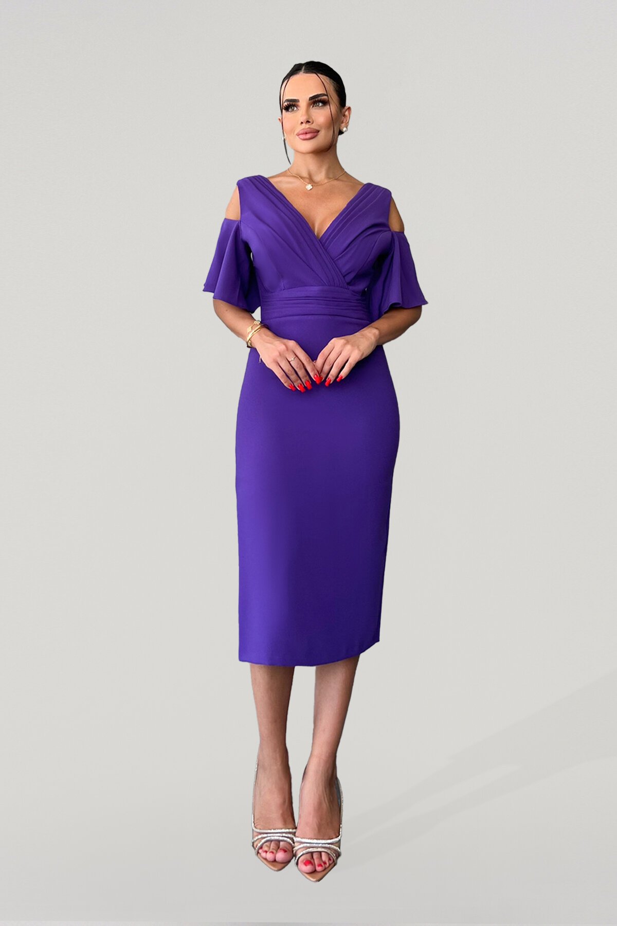 V Yaka Drapeli Kalem Midi Elbise - 1639