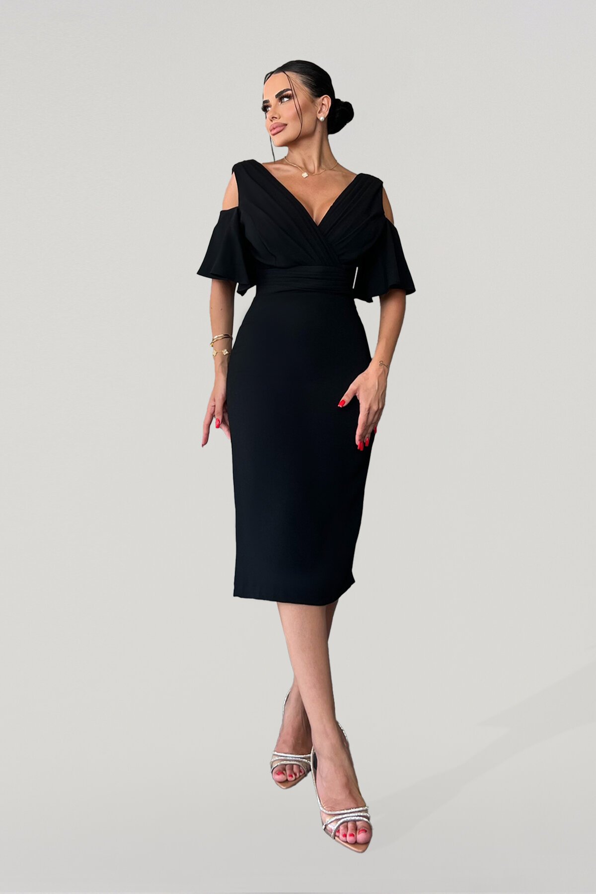 V Yaka Drapeli Kalem Midi Elbise - 1639