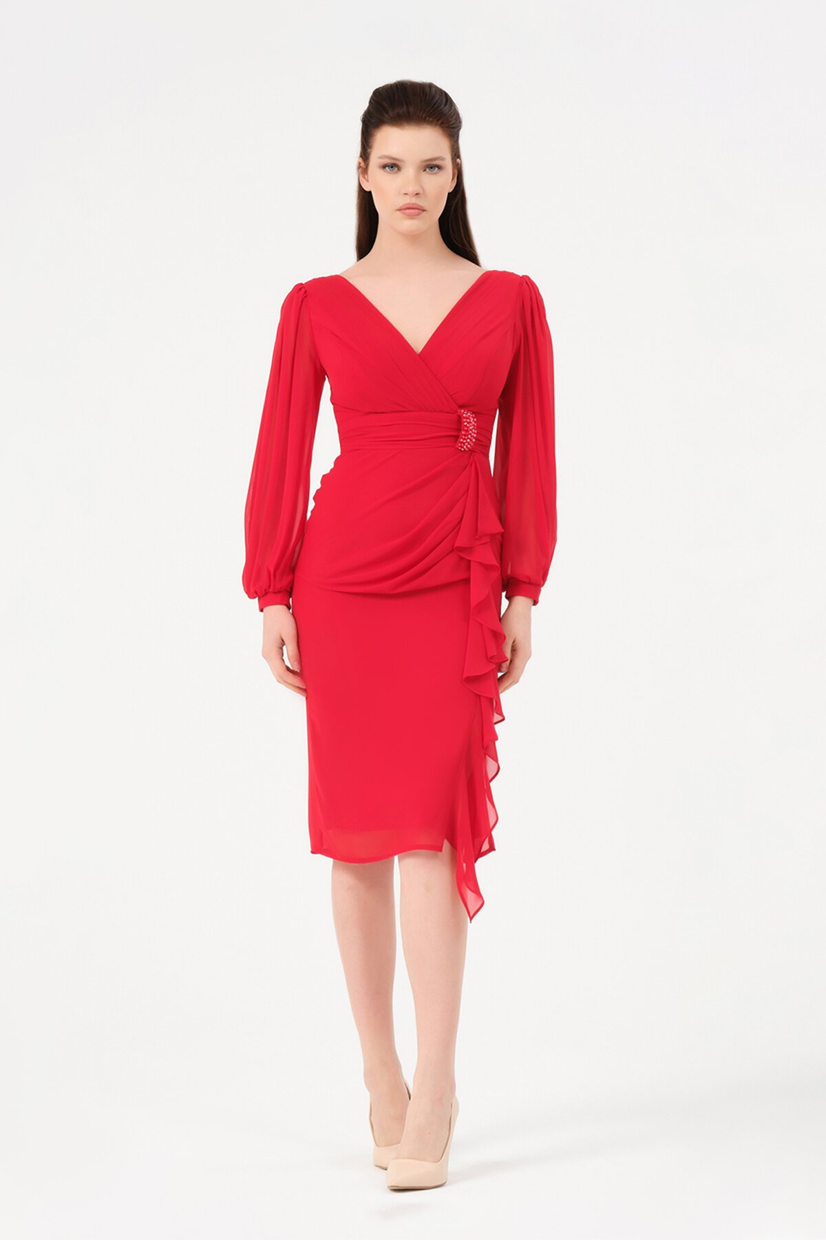 Volan Detaylı Kruvaze Yaka Midi Elbise - 1618