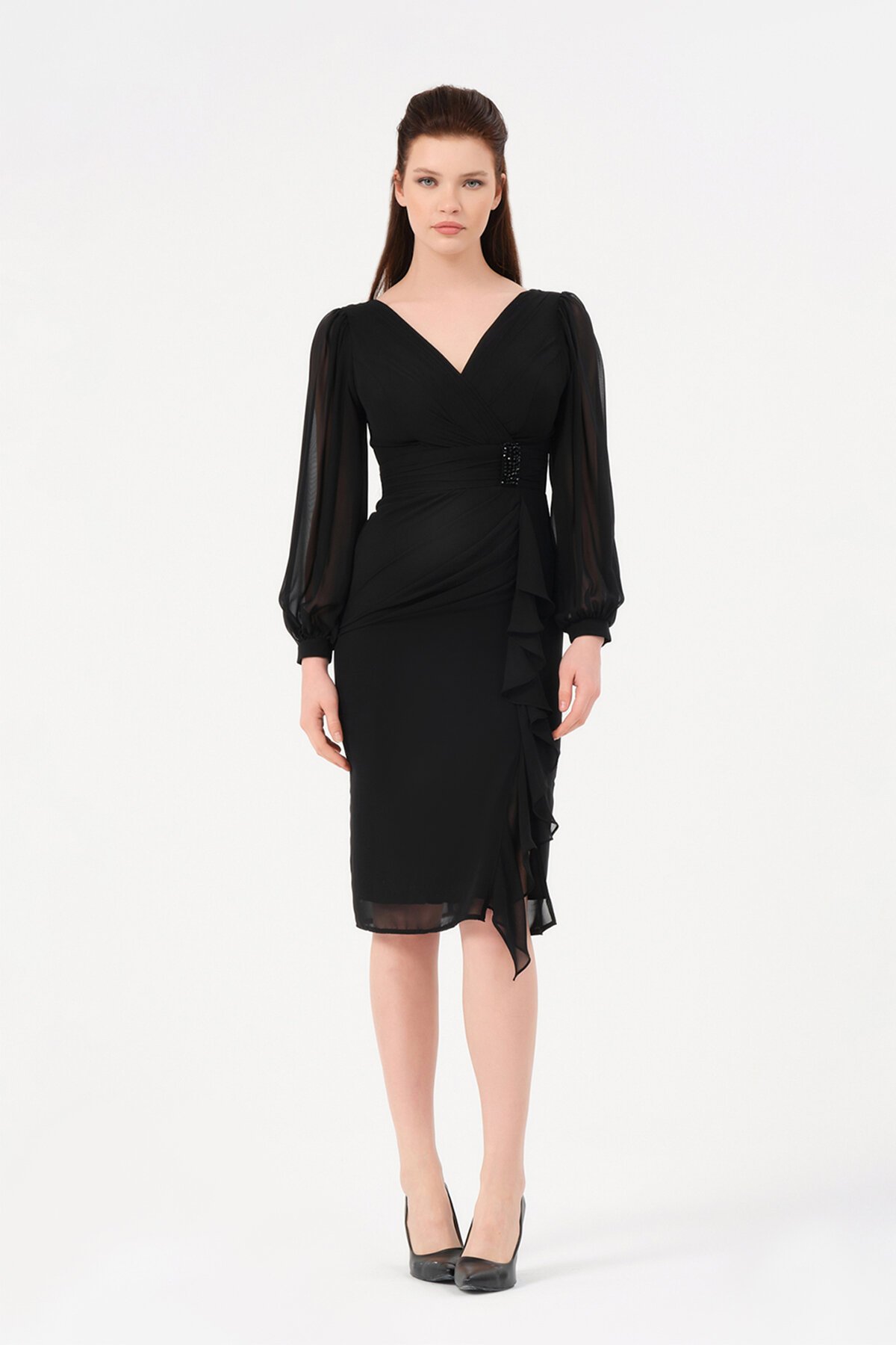 Volan Detaylı Kruvaze Yaka Midi Elbise - 1618