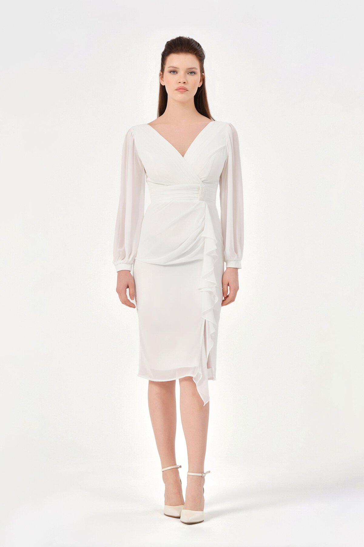 Volan Detaylı Kruvaze Yaka Midi Elbise - 1618