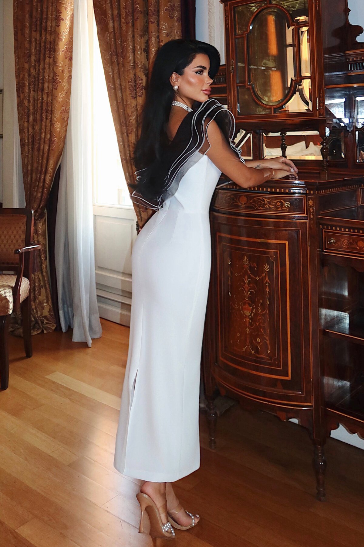 Volan Detaylı Tek Omuz Midi Elbise - 1804