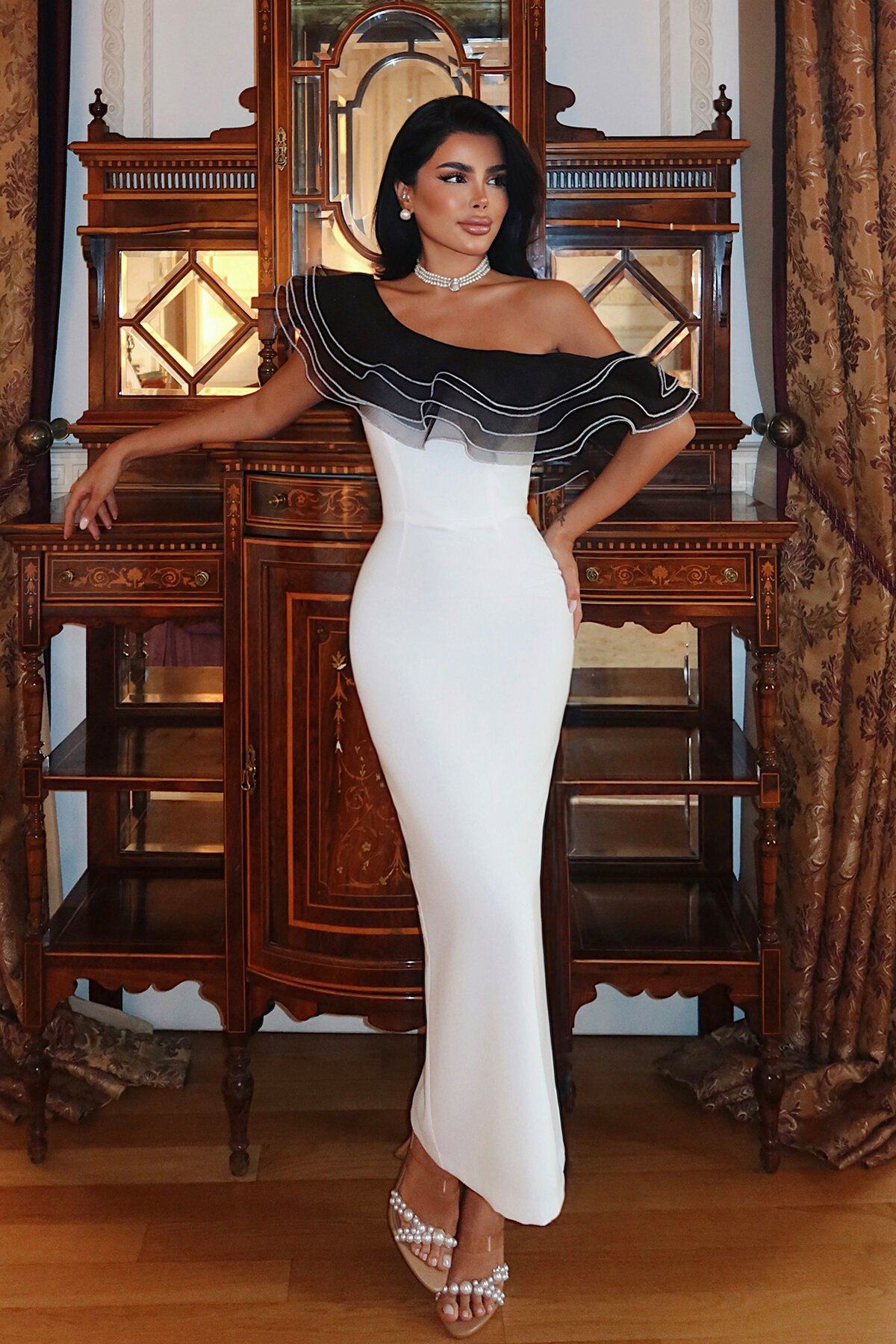 Volan Detaylı Tek Omuz Midi Elbise - 1804