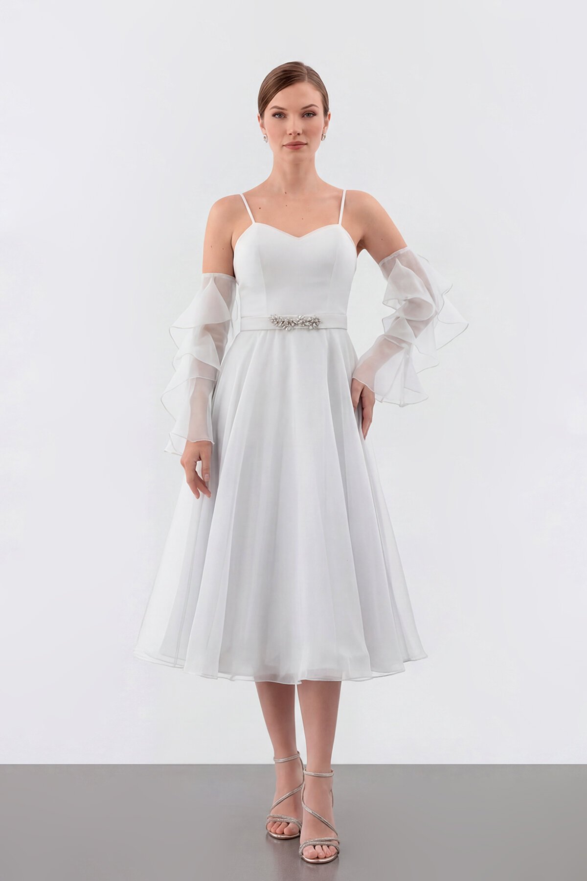 Volan Kollu İp Askılı Midi Elbise - 1993