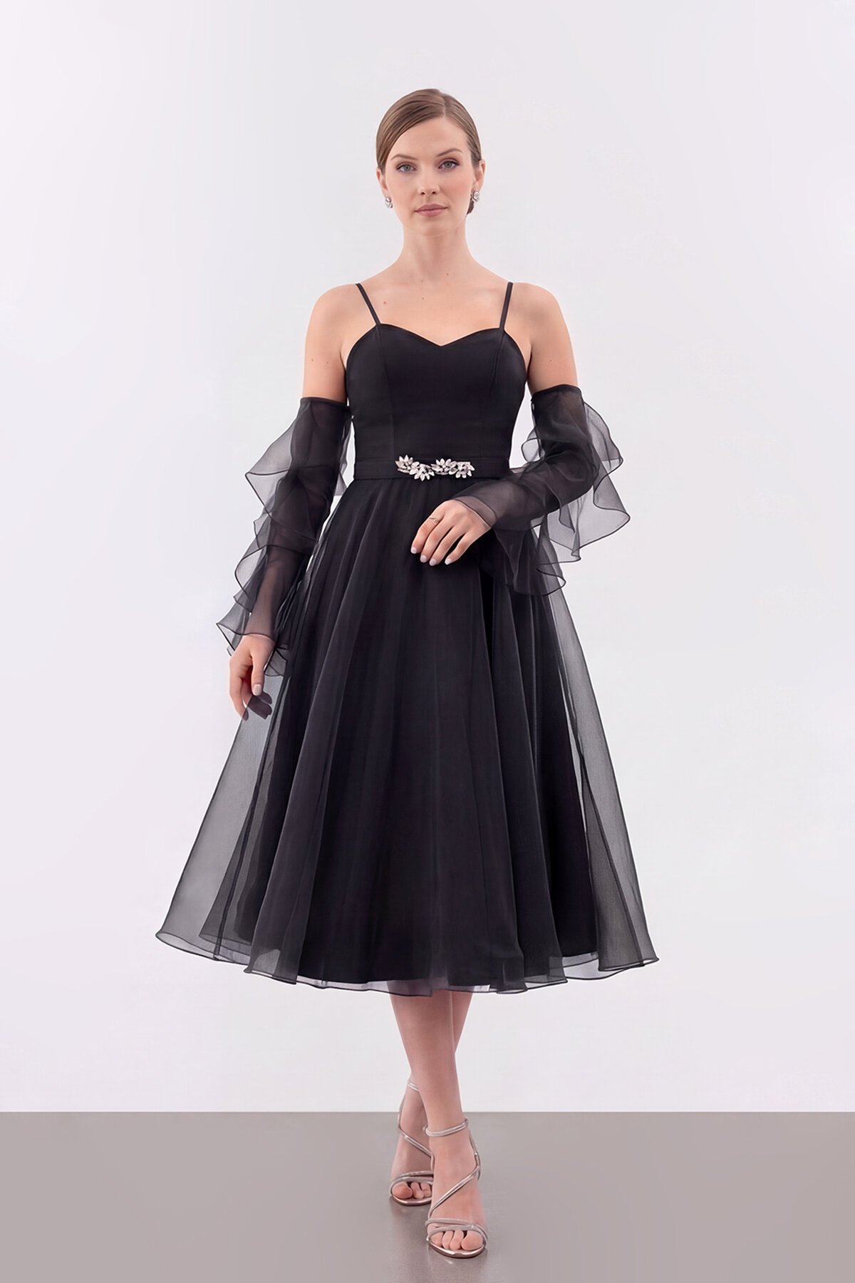 Volan Kollu İp Askılı Midi Elbise - 1993