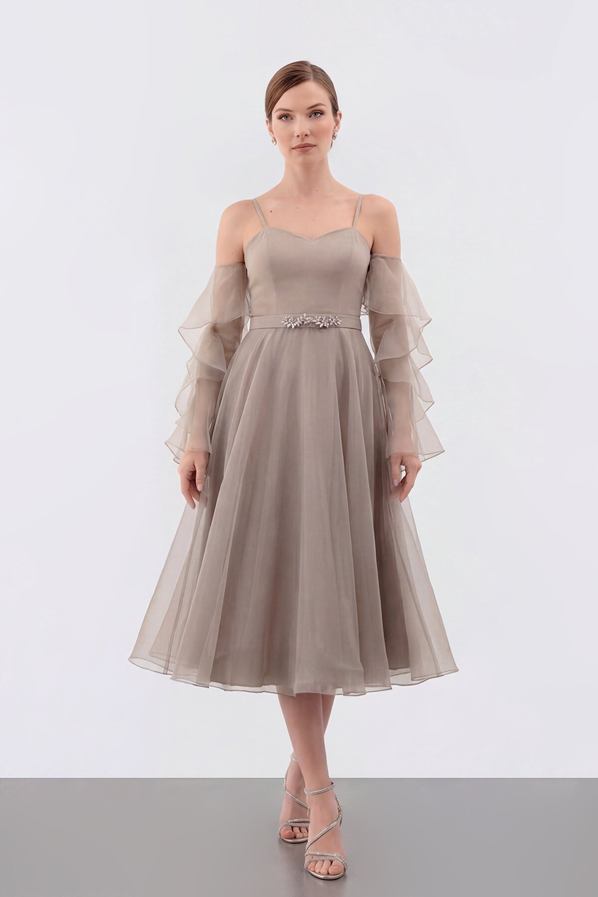 Volan Kollu İp Askılı Midi Elbise - 1993