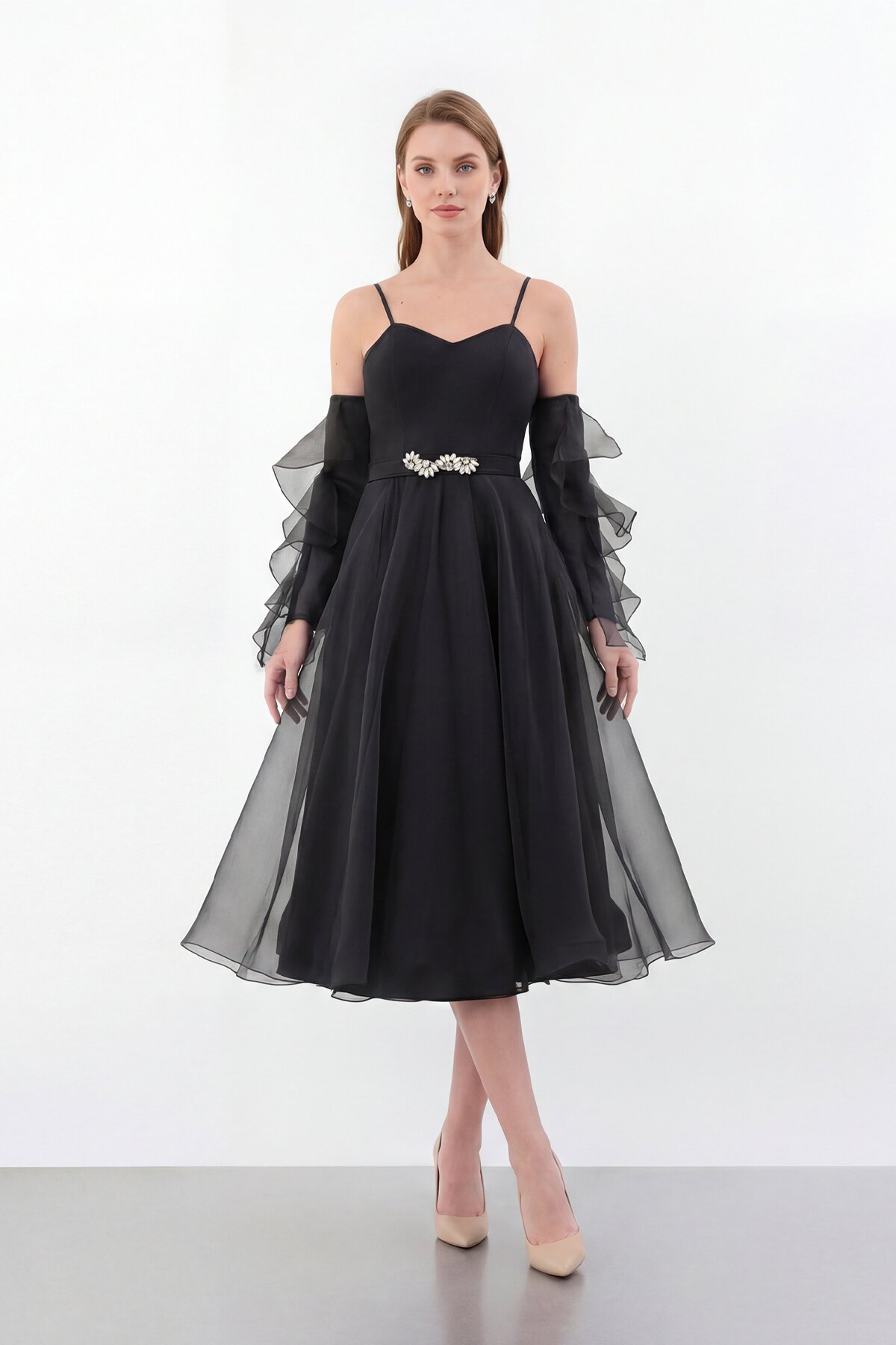 Volan Kollu İp Askılı Midi Elbise - 1993