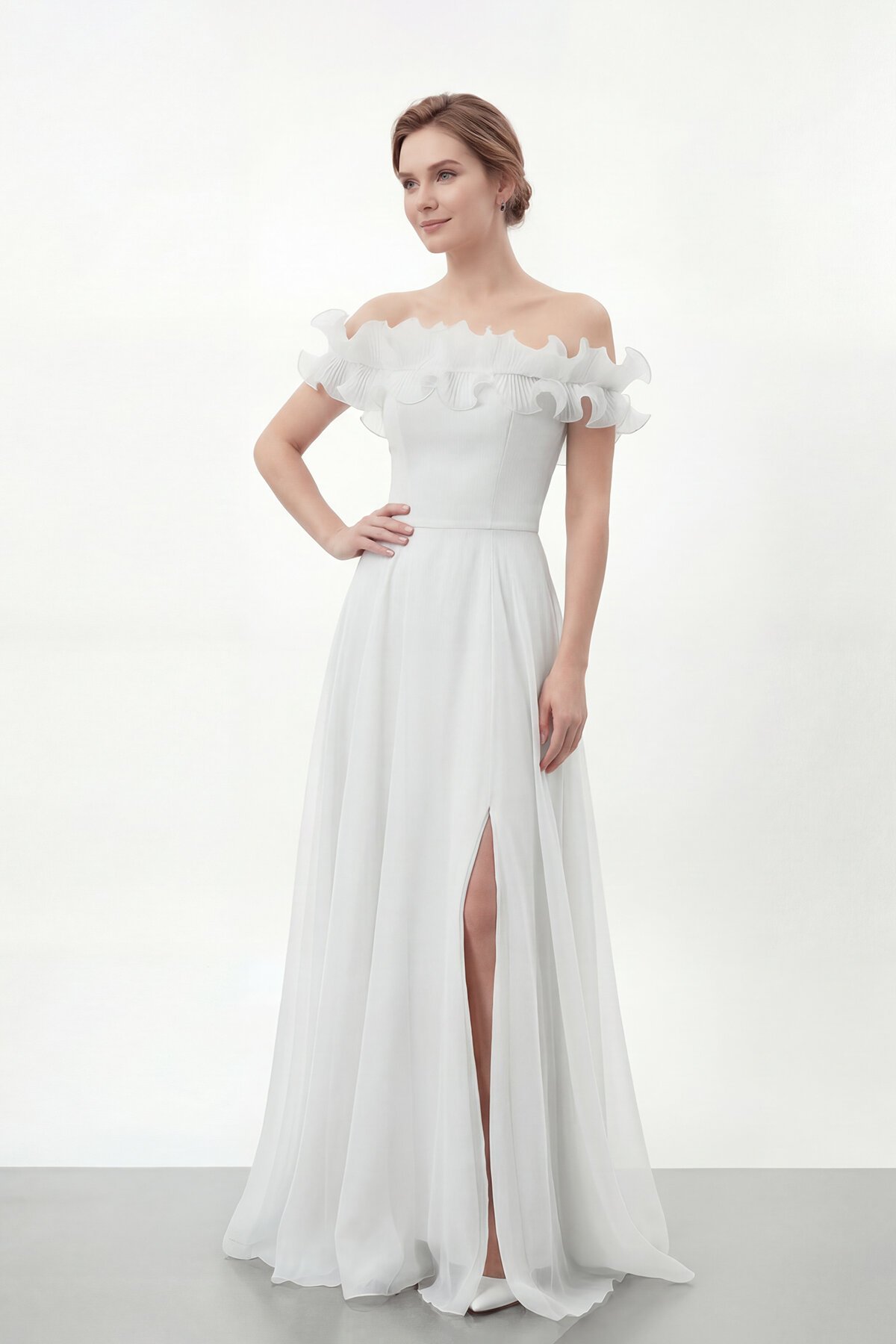 Volan Yakalı Yırtmaçlı Şifon Elbise - 2036