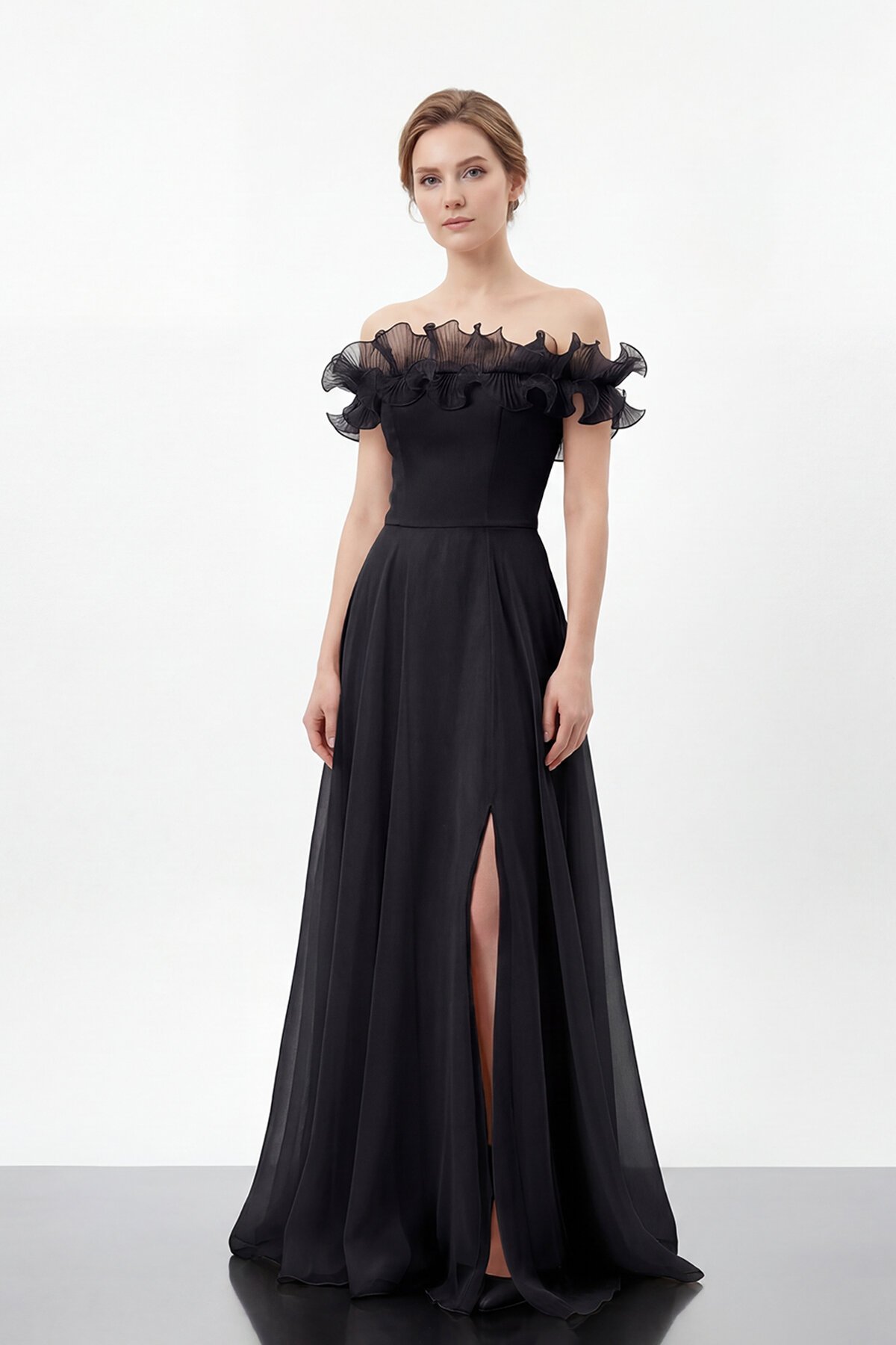 Volan Yakalı Yırtmaçlı Şifon Elbise - 2036