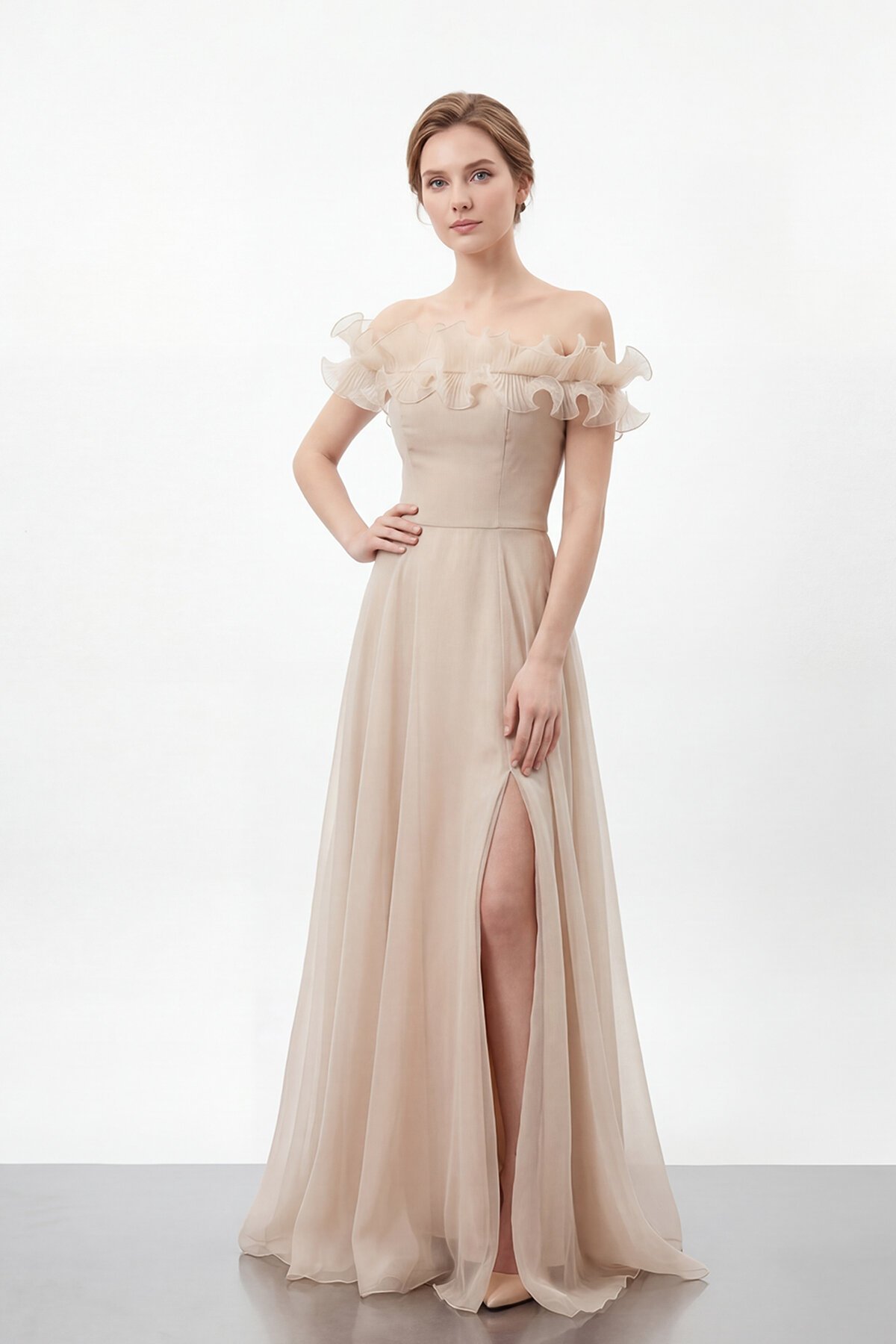 Volan Yakalı Yırtmaçlı Şifon Elbise - 2036