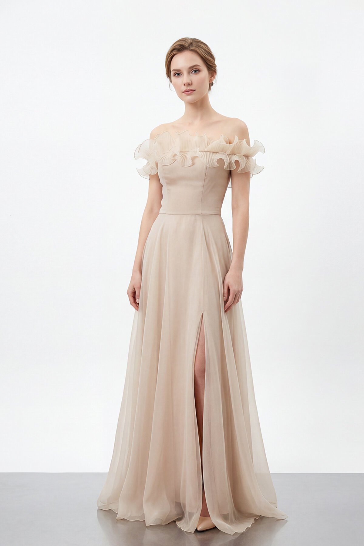 Volan Yakalı Yırtmaçlı Şifon Elbise - 2036