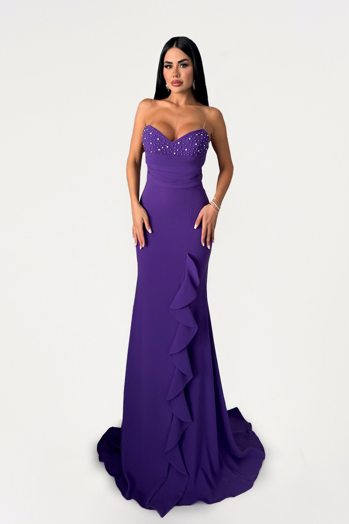 Volanlı İncili Straplez Elbise - 1561