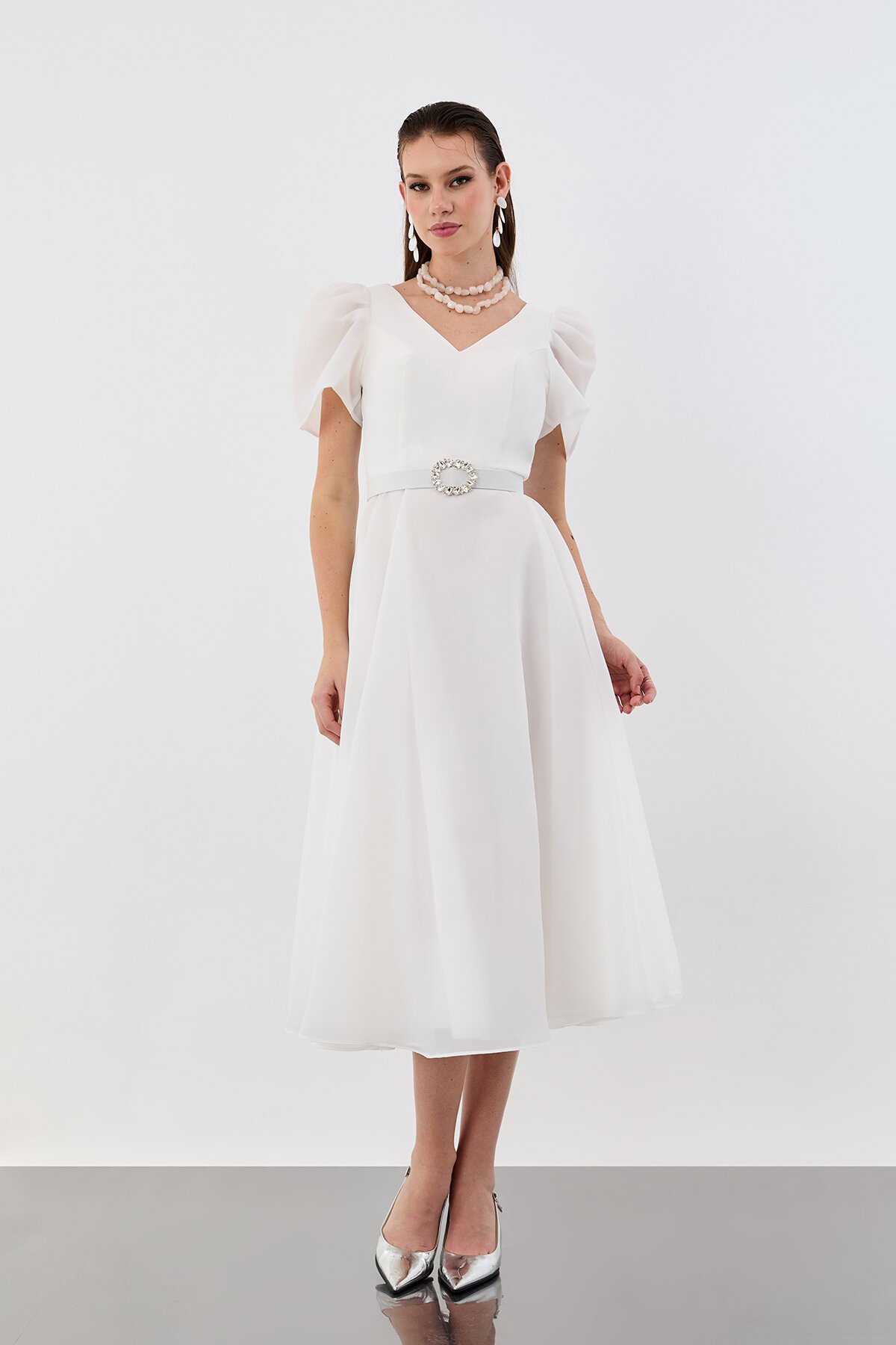 Volümlü Kol Detaylı Şifon Midi Elbise - 1958