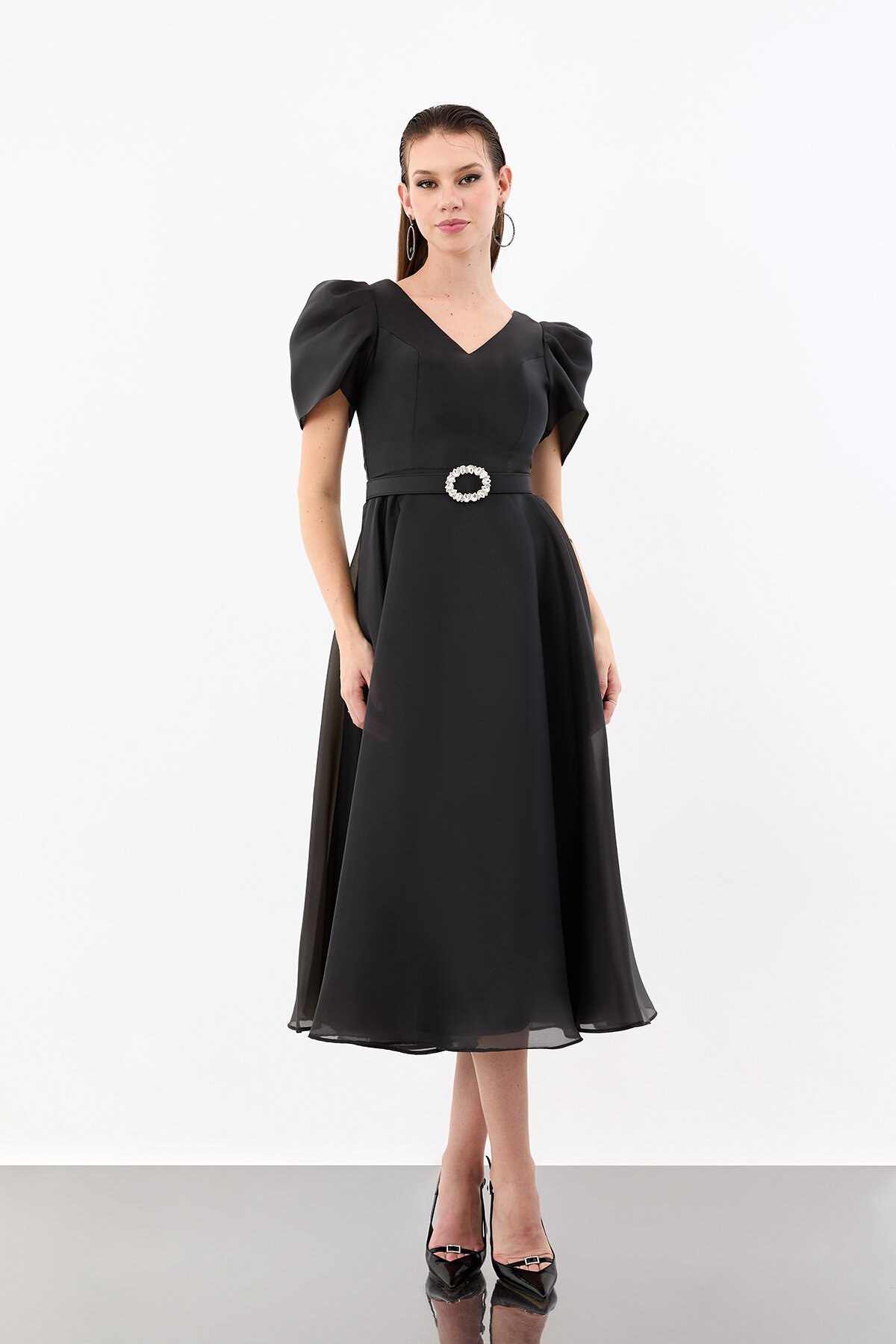 Volümlü Kol Detaylı Şifon Midi Elbise - 1958