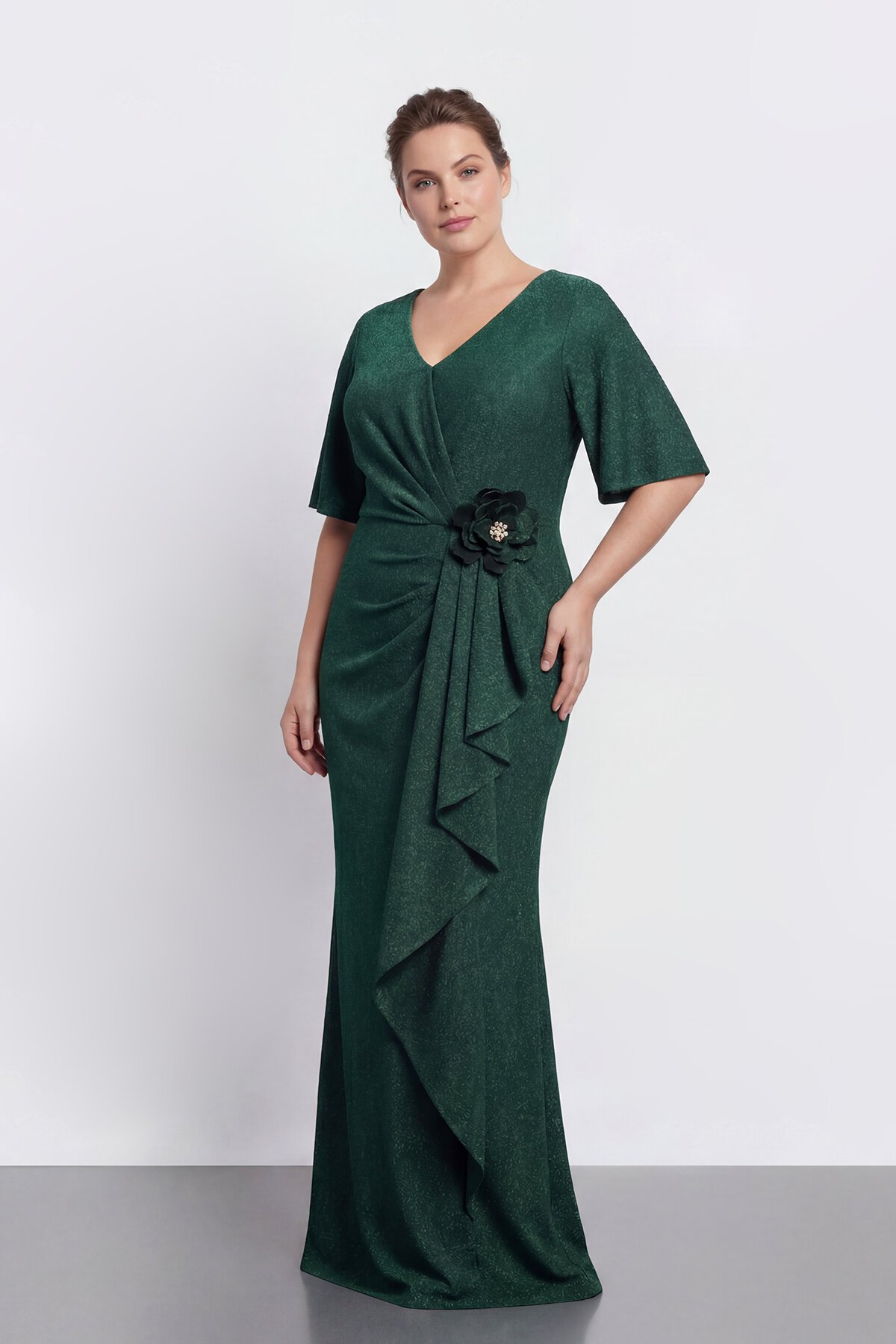 Yarım Kollu Drapeli Çiçek Detaylı Uzun Abiye - 2133