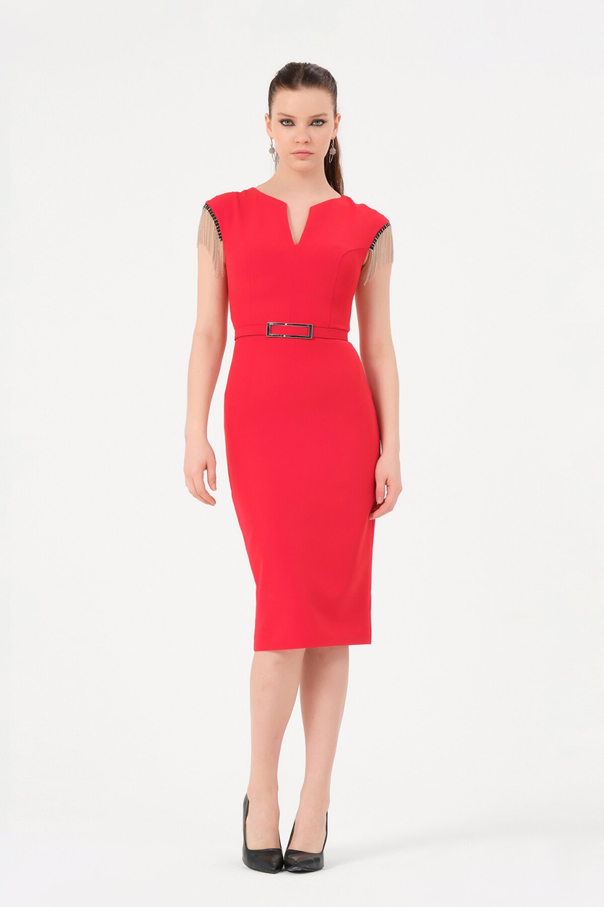 Zincir Detaylı Kemerli Midi Elbise - 1200