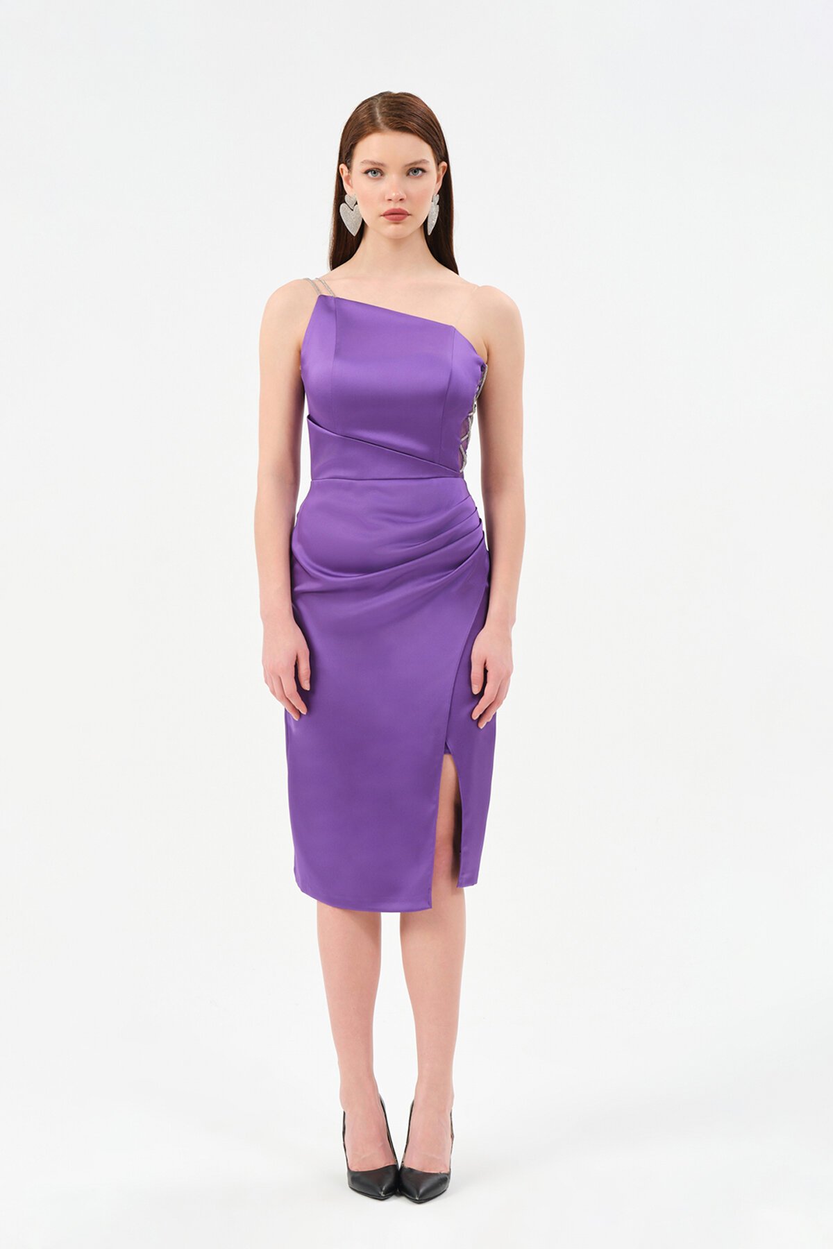 Zincir Detaylı Tek Omuzlu Midi Elbise - 1537