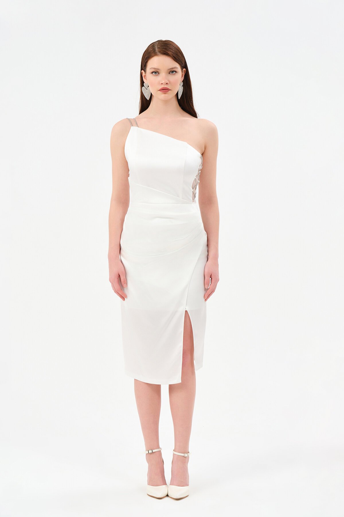 Zincir Detaylı Tek Omuzlu Midi Elbise - 1537