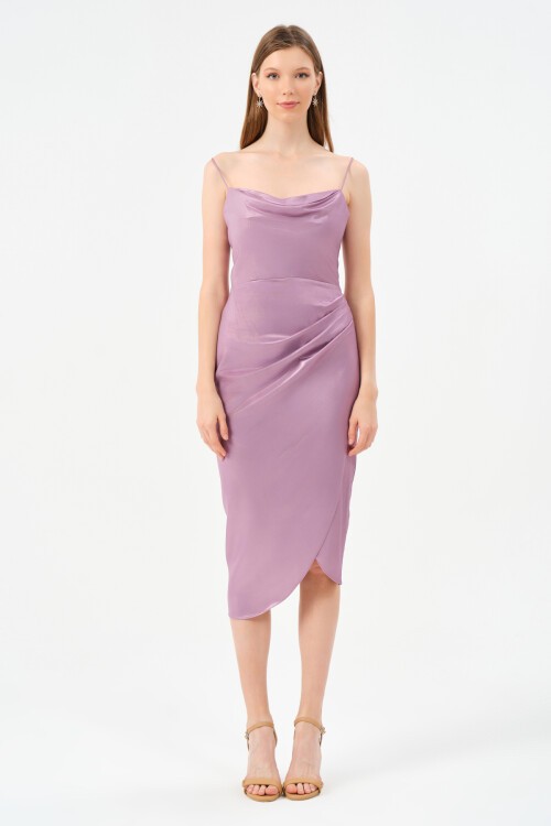 Askılı Drapeli Midi Elbise - 1580