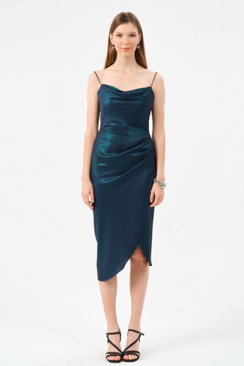 Askılı Drapeli Midi Elbise - 1580