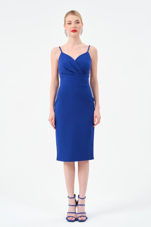 Askılı Kruvaze Yaka Midi Elbise - 1538