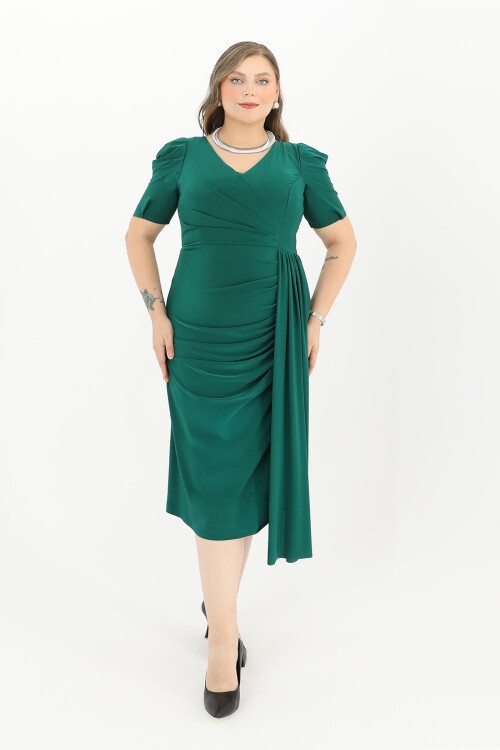 Balon Kollu Drapeli Midi Elbise - 1645