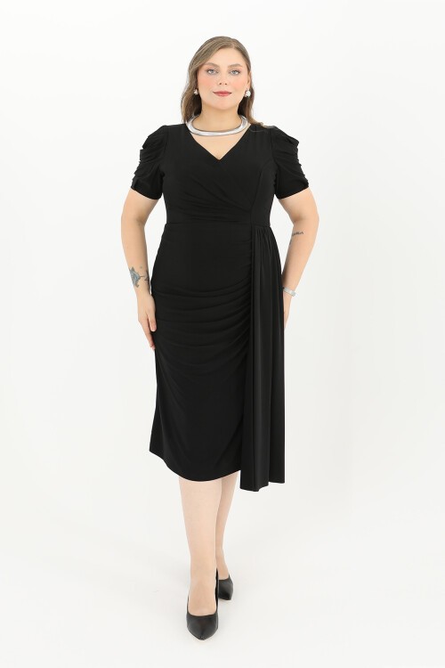 Balon Kollu Drapeli Midi Elbise - 1645