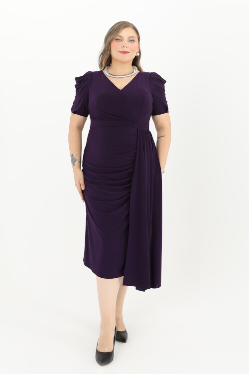 Balon Kollu Drapeli Midi Elbise - 1645