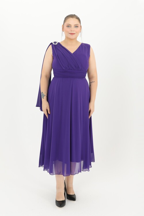 Broş Detaylı Drapeli Midi Elbise - 1667